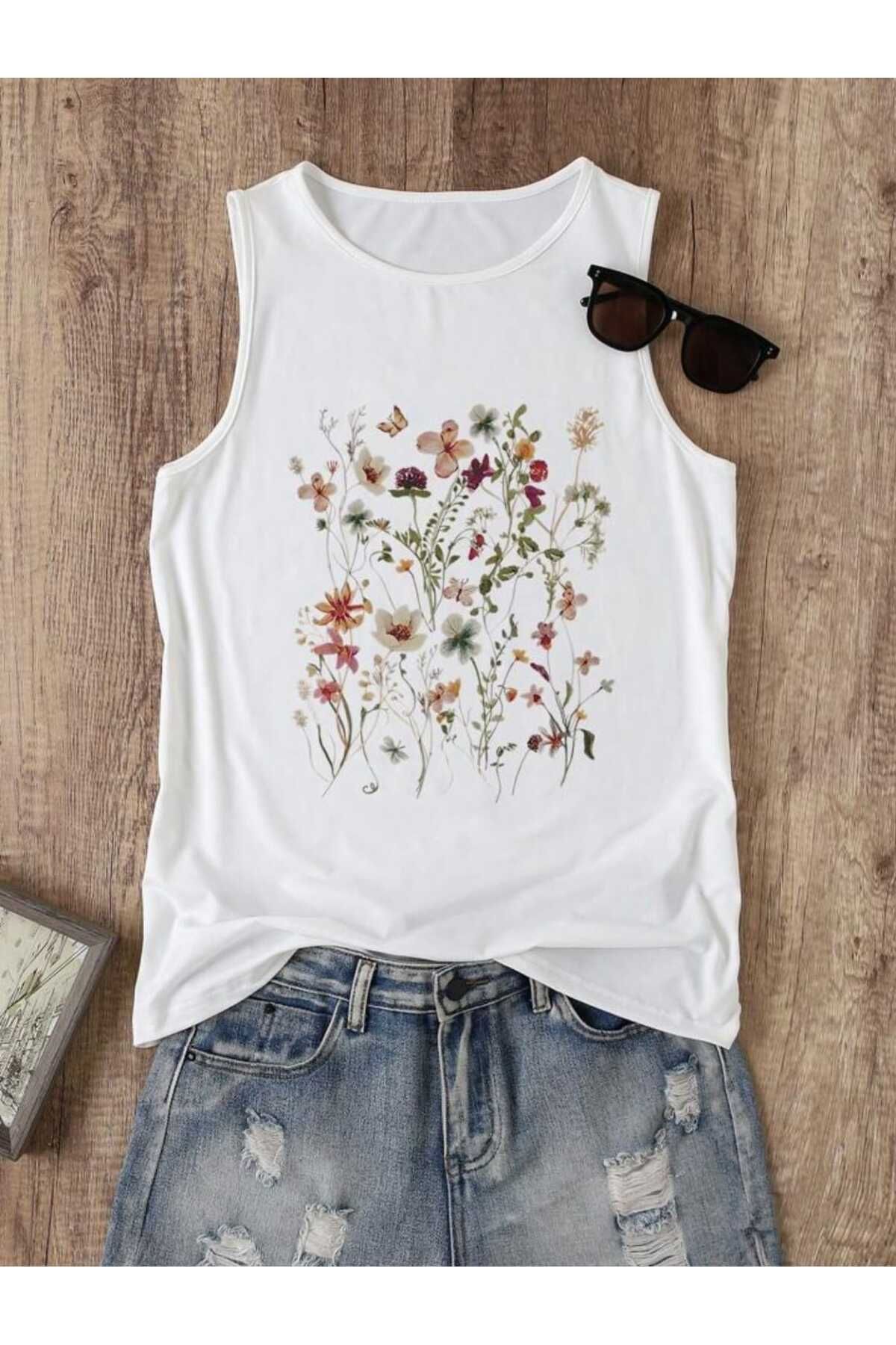 FAVORİST FLOWERS Desenli Kadın Pamuklu Omuzu Açık (Kolsuz) Yazlık T-shirt
