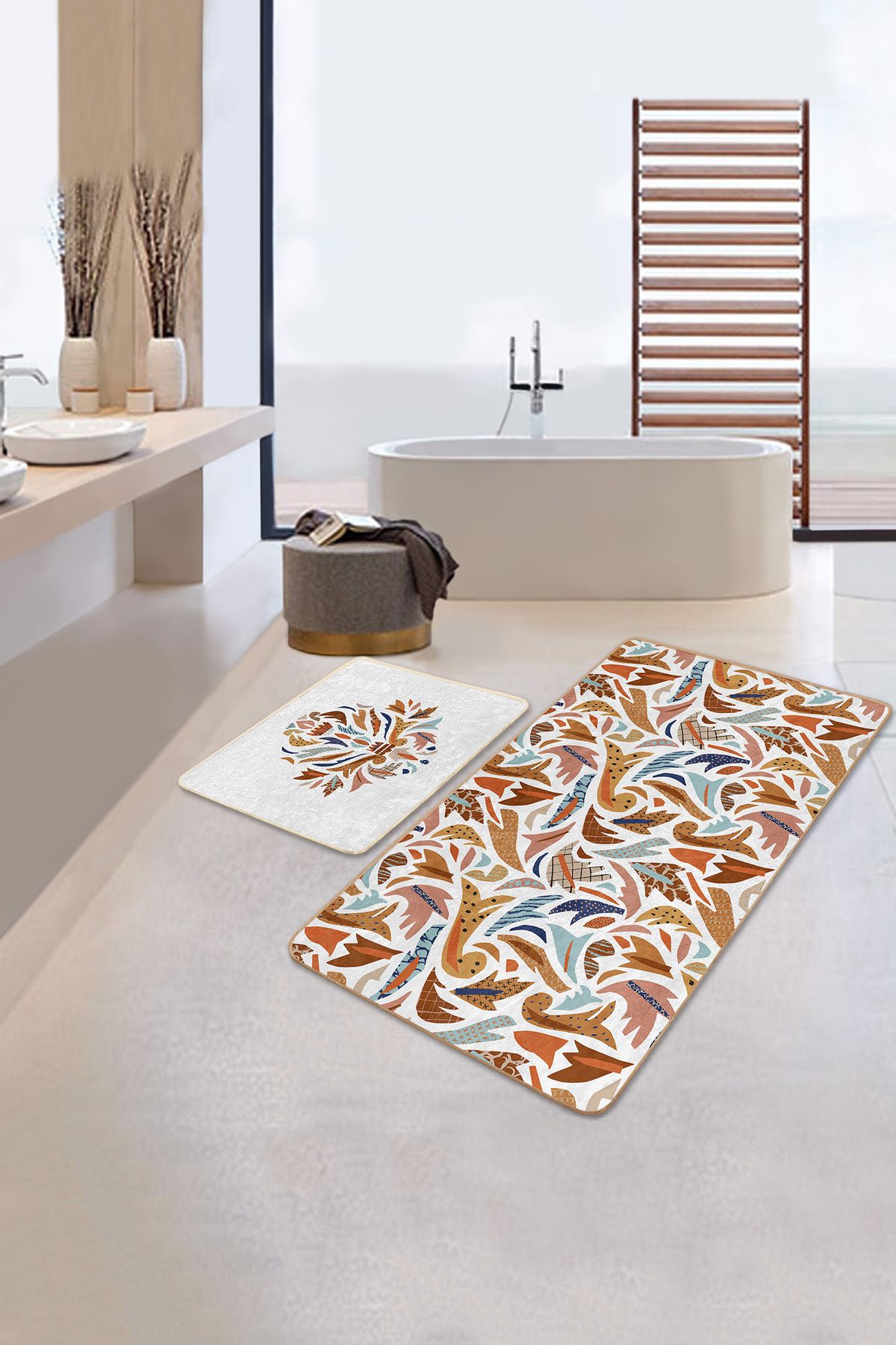 Realhomes Renkli Otantik Motifli 2'li Mutfak Paspas Takımı & Banyo Halısı Seti