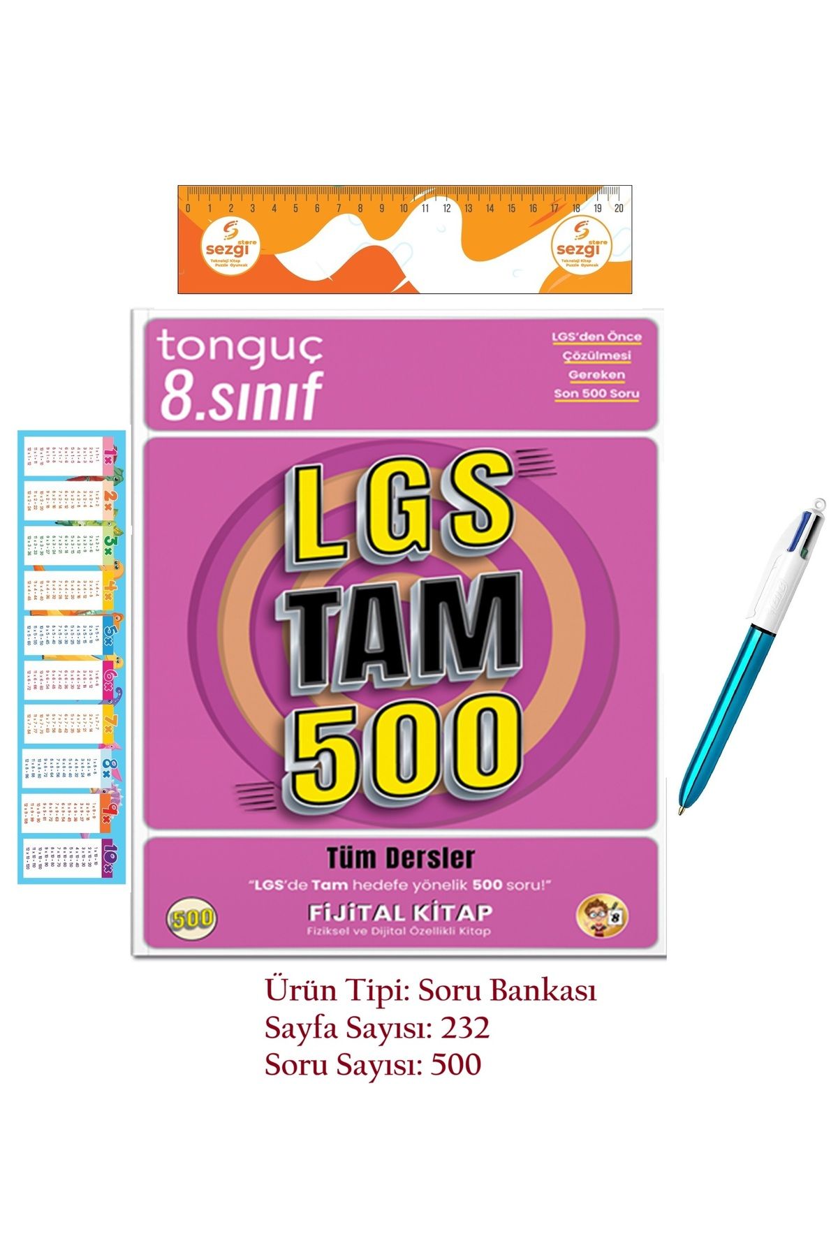 Tonguç Yayınları LGS Tam 500 Soru Bankası ve 4 Renk Shine Gök Mavi Gövde Pro Çoklu Tükenmez Kalem
