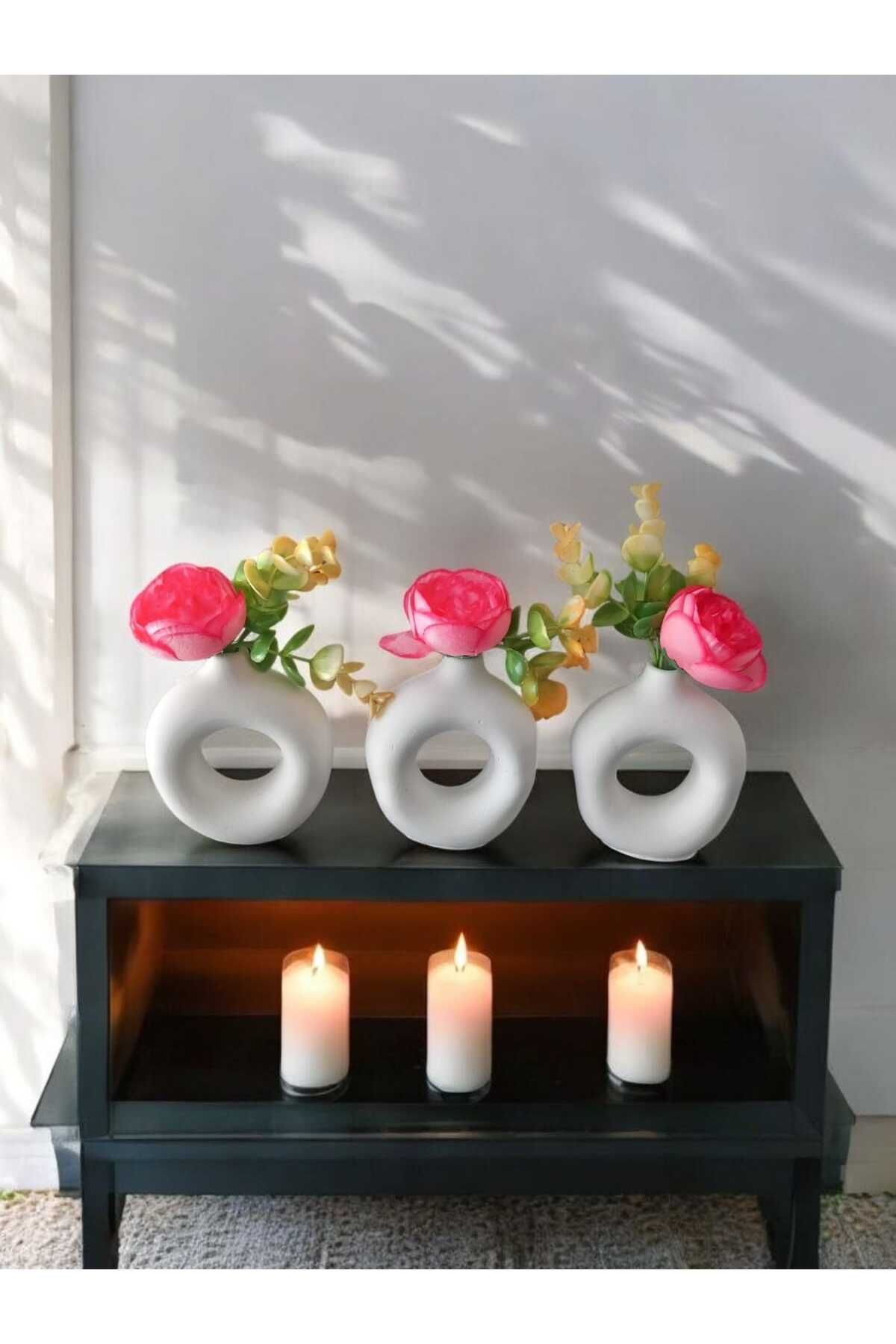 AYŞEM 3lü Dekoratif Beyaz Vazo Set,Hediyelik Set