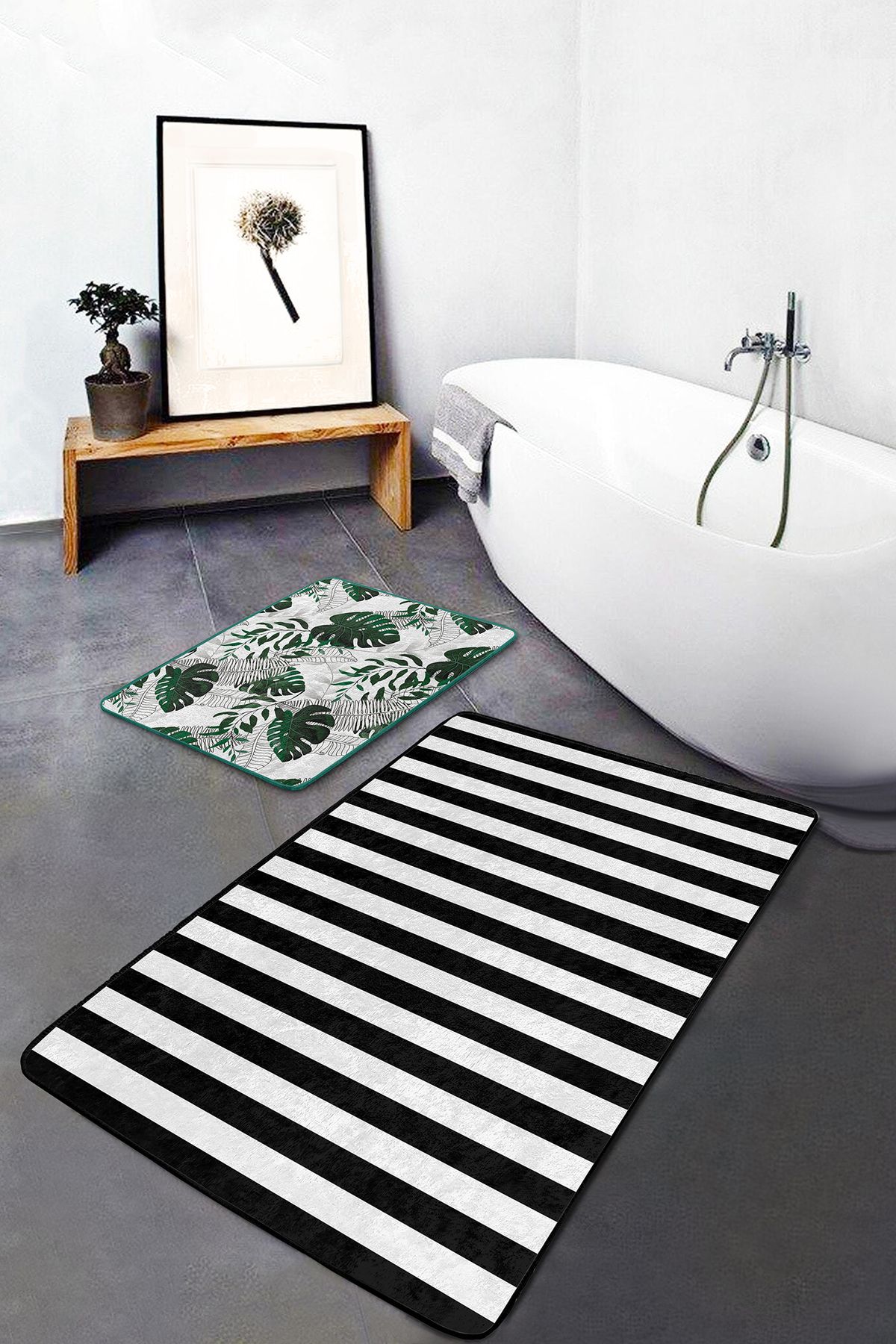 Realhomes Siyah Beyaz Çizgili Tropik Yaprak Motifli 2'li Banyo Halısı & Klozet Paspas Takımı