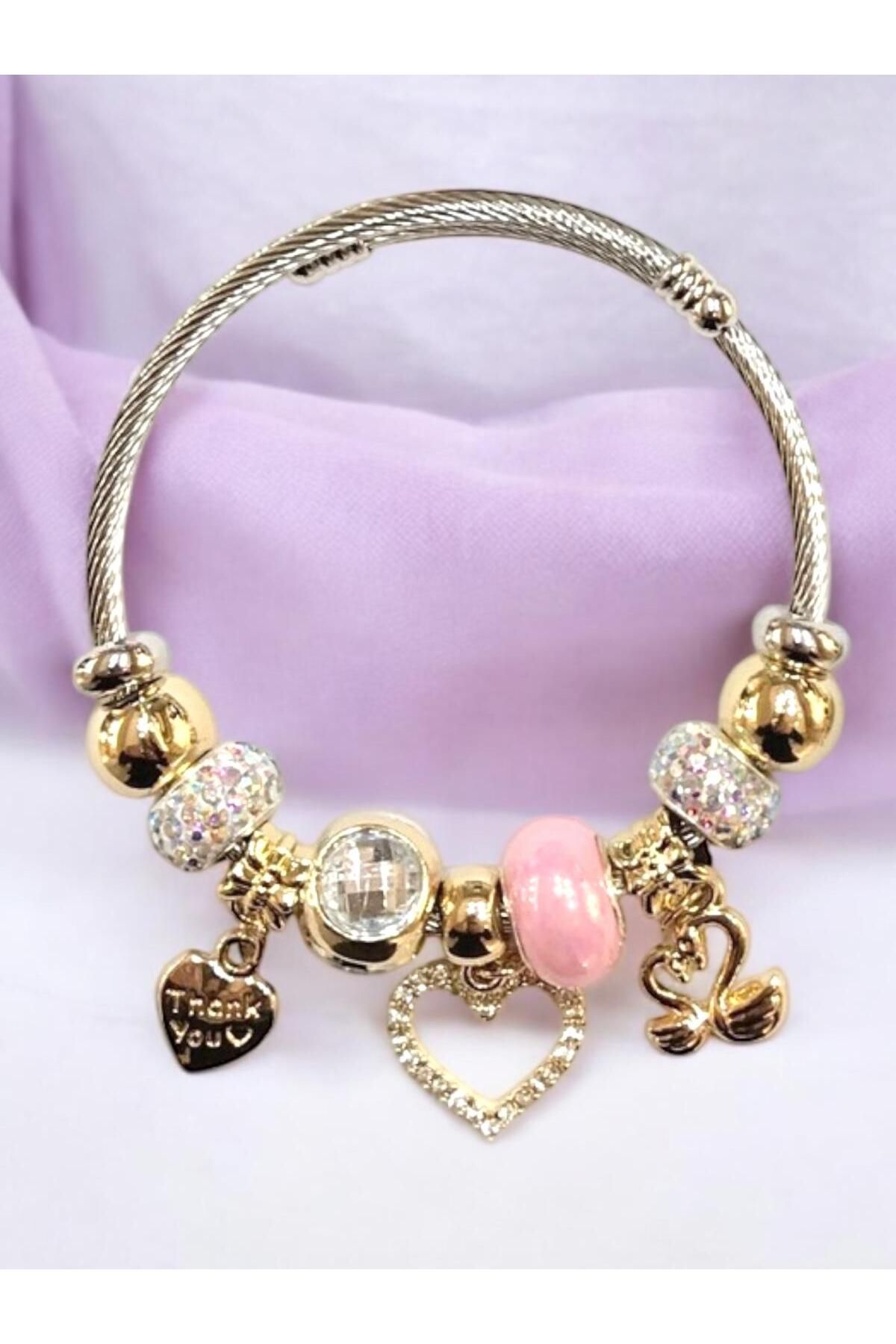 Luna Barella Pembe Kalp ve Kuğu Charm Bileklik – Romantik ve Işıltılı Aksesuar
