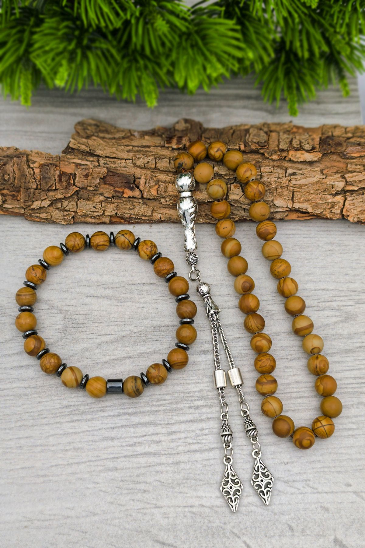 SİLVERA TELKARİ Odun Jasper Doğal Taş Tesbih ve Bileklik Set 8 mm BT031