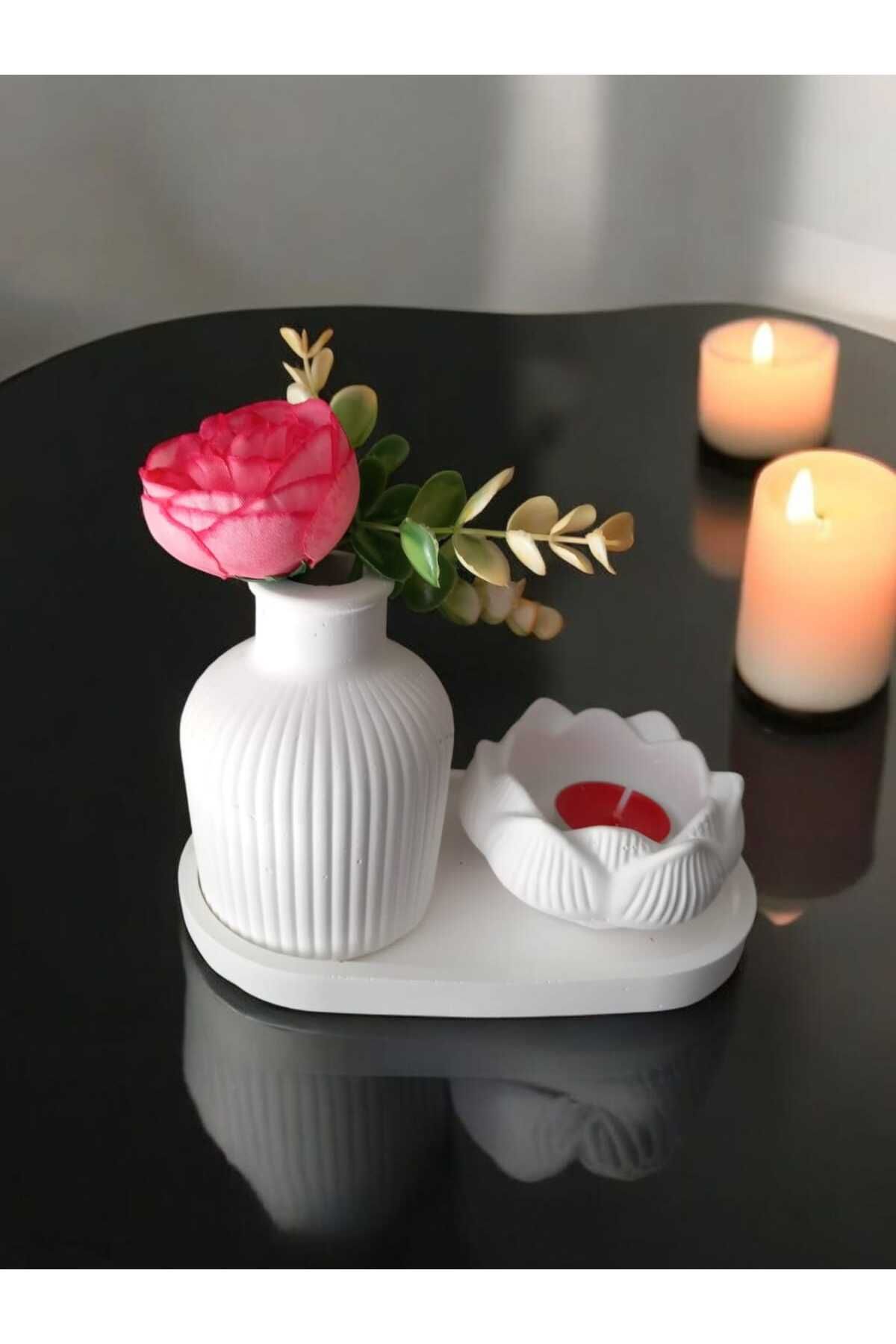 AYŞEM Dekoratif Beyaz Çizgili Vazo,Lotus Mumluk Kase,Stantlı,Hediyelik Vazo