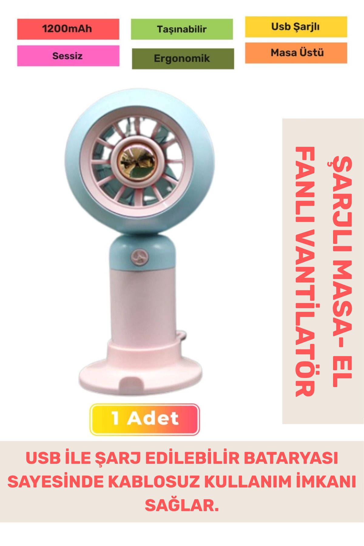 PeraNova Özel Seri Sessiz 2 Kademeli Hafif Kablosuz 1200mAh Taşınabilir Usb Şarjlı Masa El Fanı Vantilatör