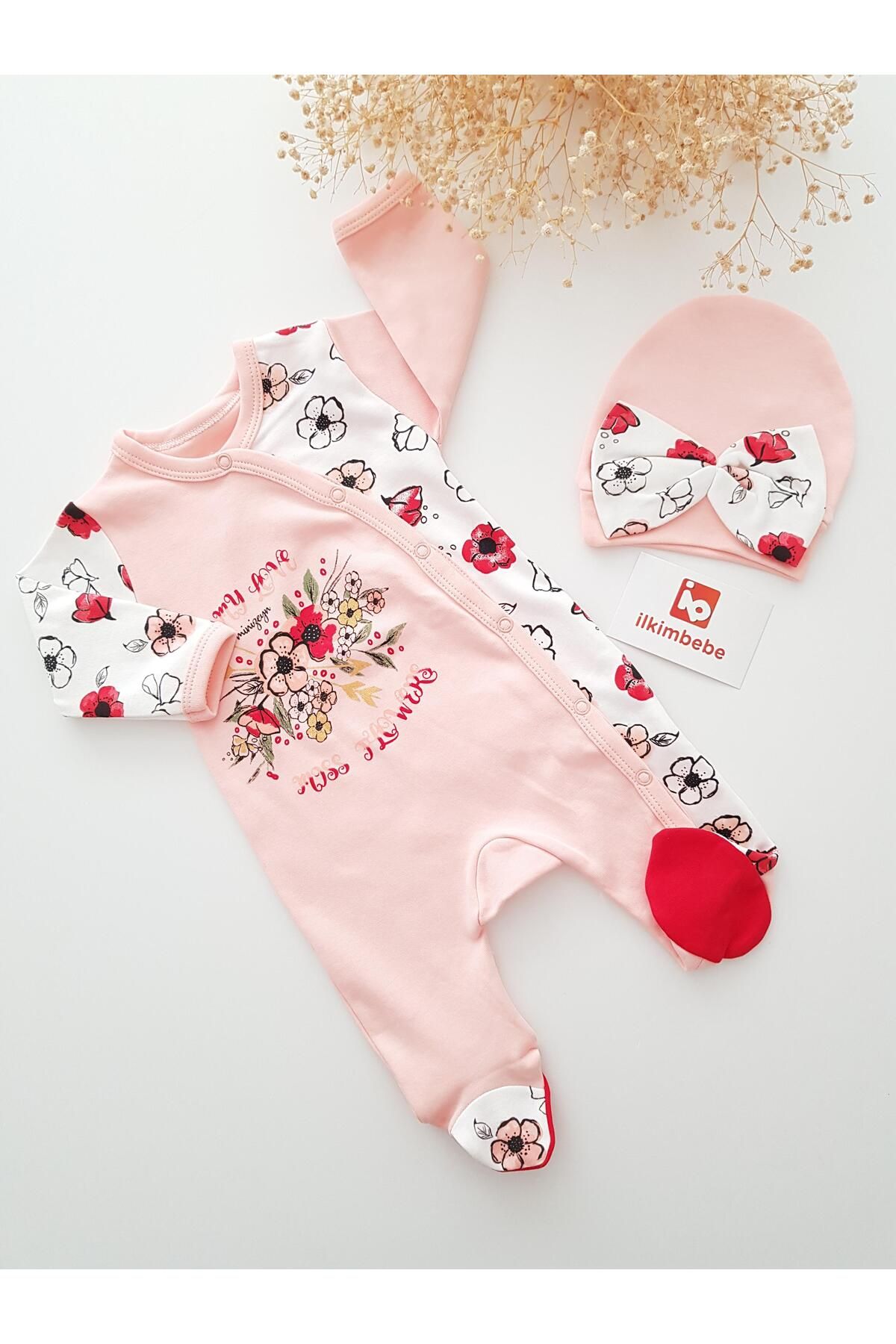 ilkimbebe Çiçek Baskılı Şapkalı Bebek Tulumu