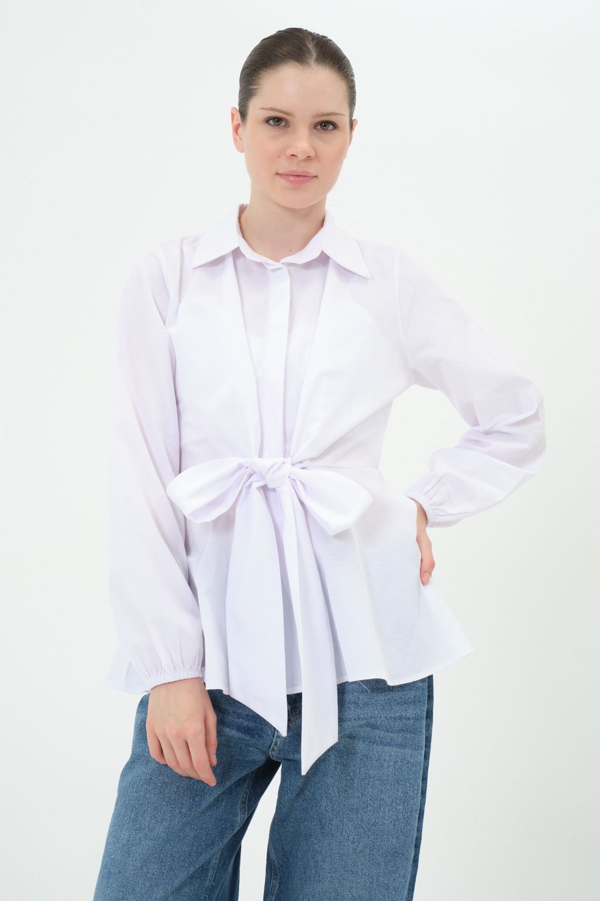 Shilya Fashion Kuşaklı Fiyonklu Önden Bağlamalı Kadın Gömlek