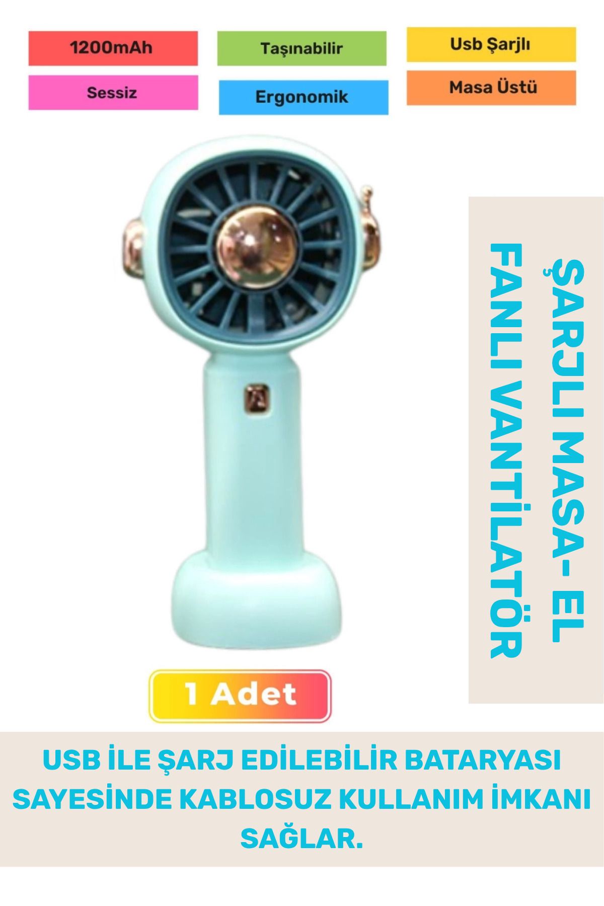 PeraNova Özel Seri Sessiz 3 Kademeli Hafif Kablosuz 1200mAh Taşınabilir Usb Şarjlı Masa El Fanı Vantilatör