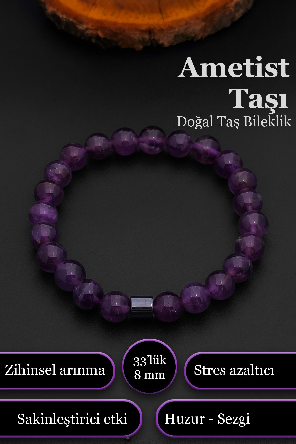 SİLVERA TELKARİ Ametist Bileklik Kadın Erkek Doğal Taş Bileklik 8 mm BT024