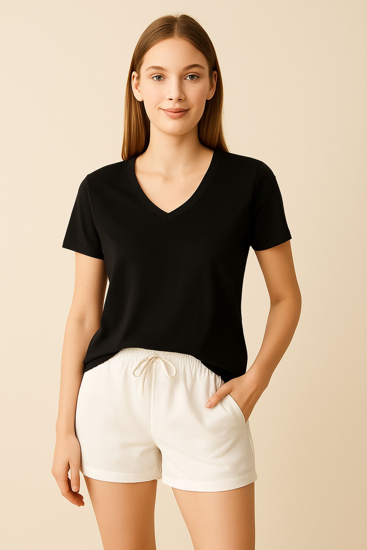 MAMAYAGA Kadın V Yaka Yarım Kol Basic Günlük Pamuk Düz Yazlık Tshirt Rahat Bluz