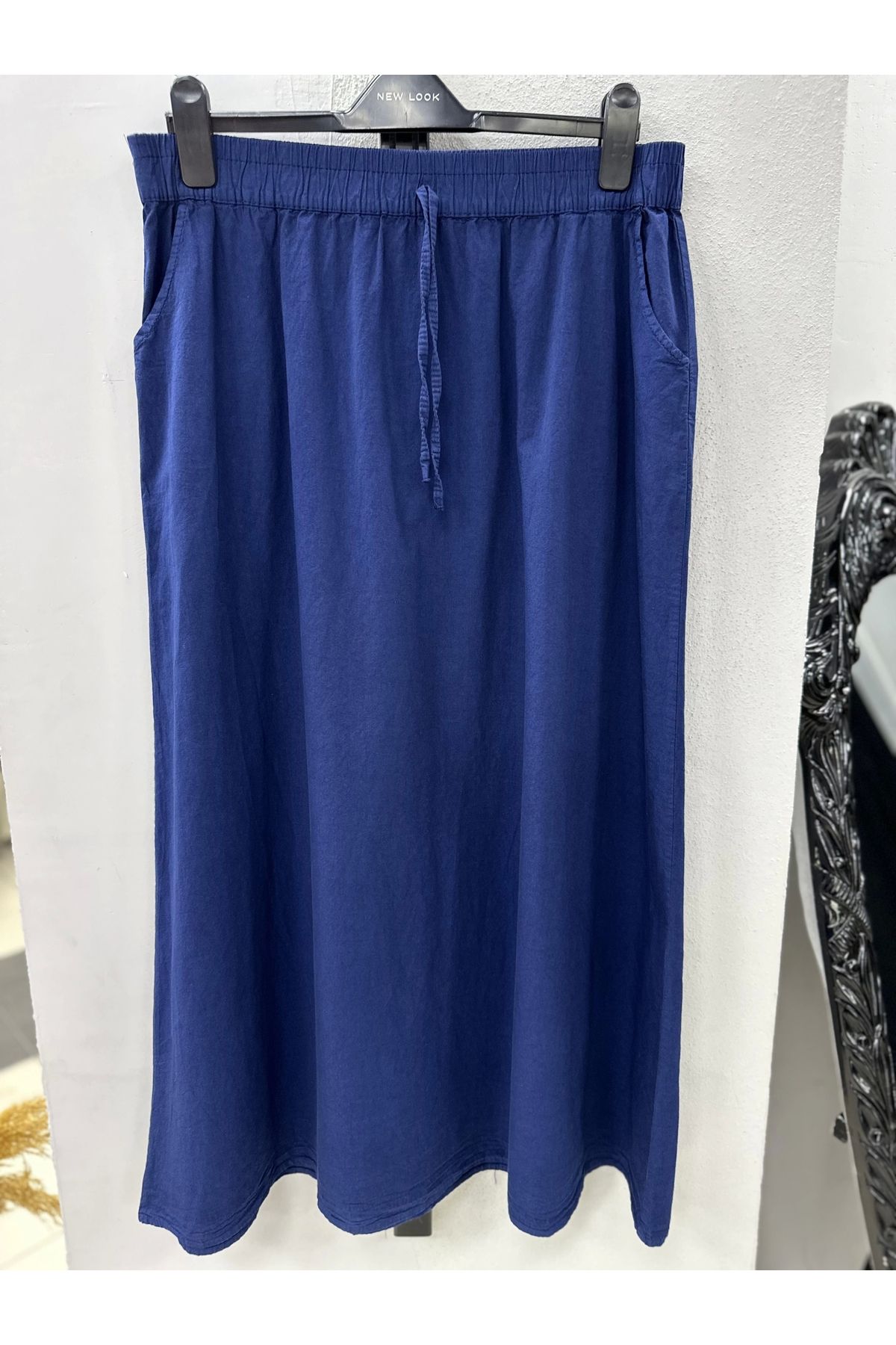 Nevayla Moda Keten Kumaş Paraşüt Etek - Lacivert / A102