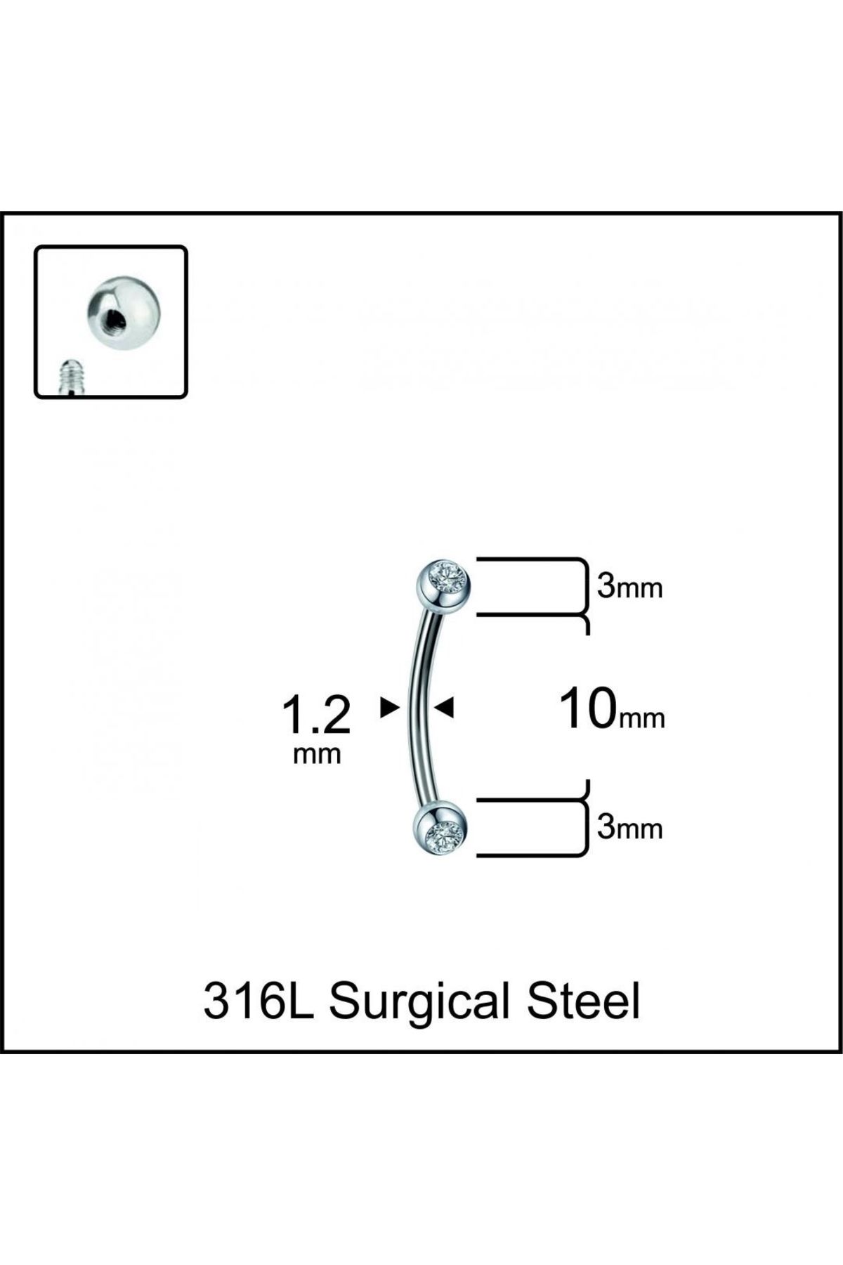 İmgeTattoo Tek Taş Kristal Top 3mm x 10mm x 1.2mm Çelik Banana Piercing