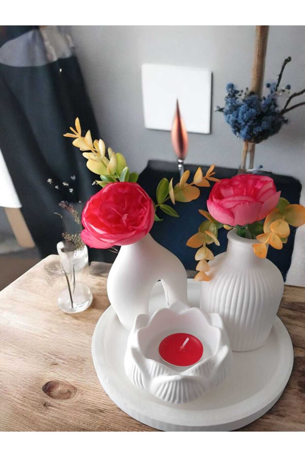 AYŞEM 2li Dekoratif Vazo,Lotus Alçı Mumluk Hediyelik Set