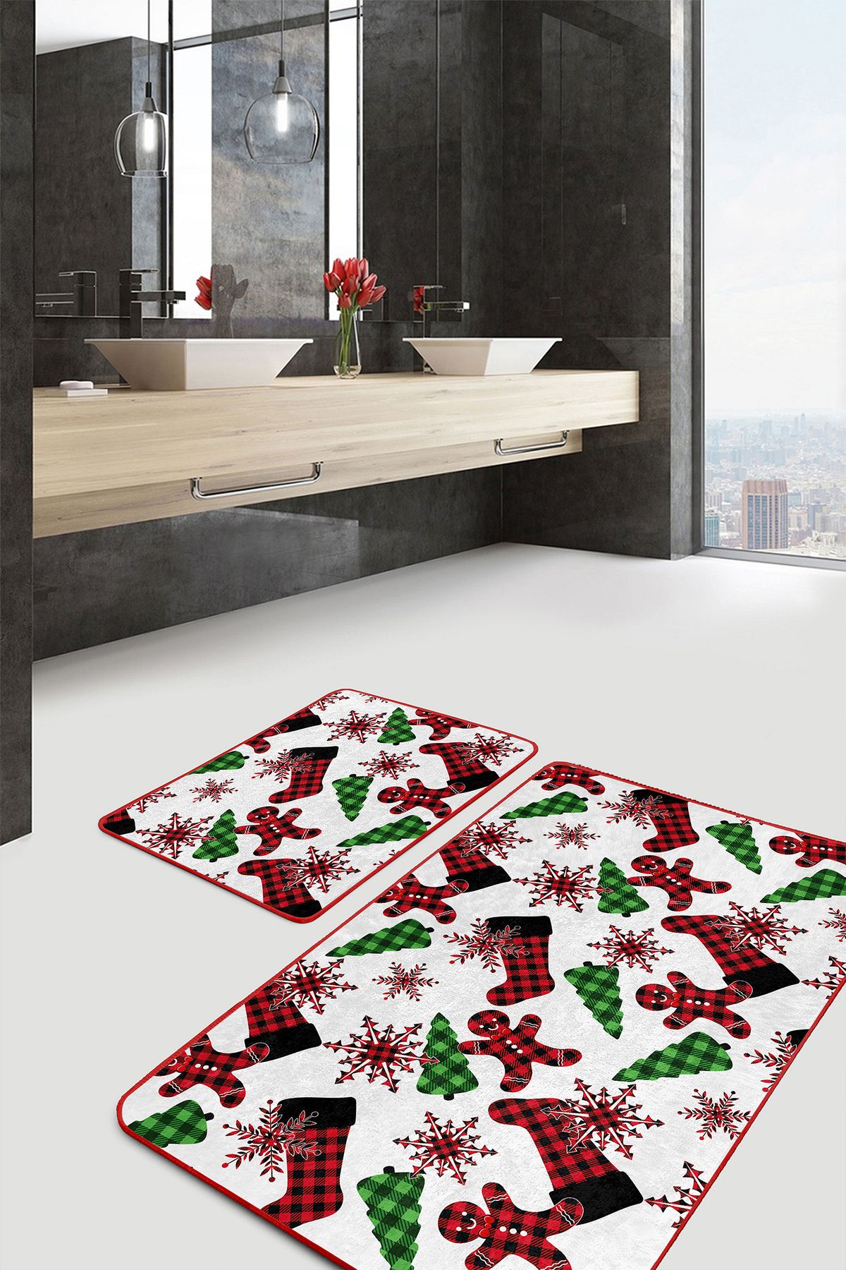 Realhomes Yılbaşı Ekose Çorap Tasarımlı 2'li Mutfak Paspas Takımı & Banyo Paspas Seti