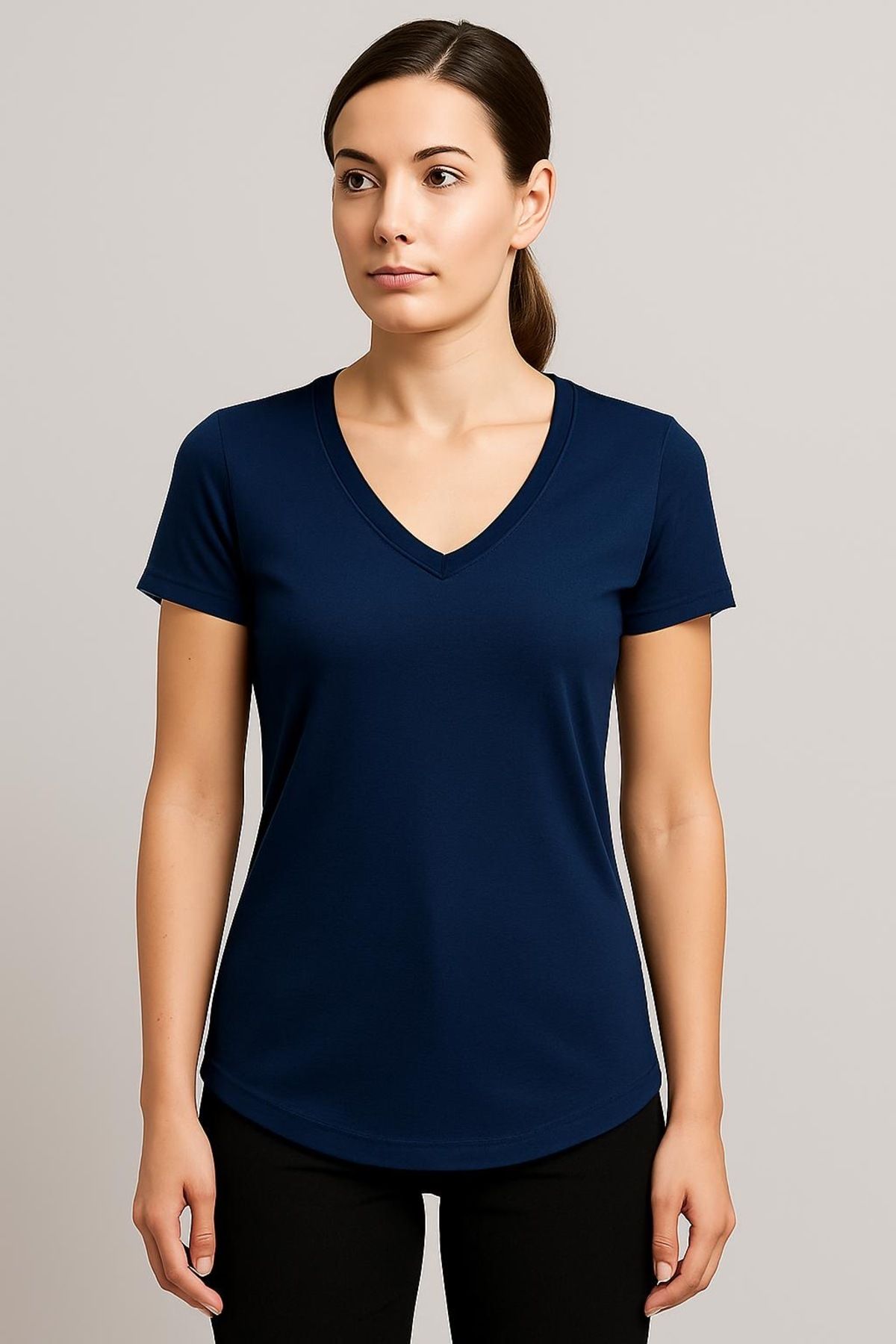 vikitekno V Yaka Dar/slim fit eteği oval Kadın Tişört