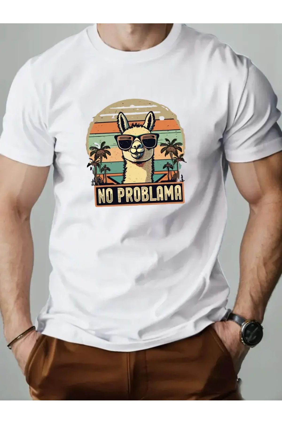 AEMİ Unisex Lama Baskılı Oversize Bisiklet Yaka T-shirt
