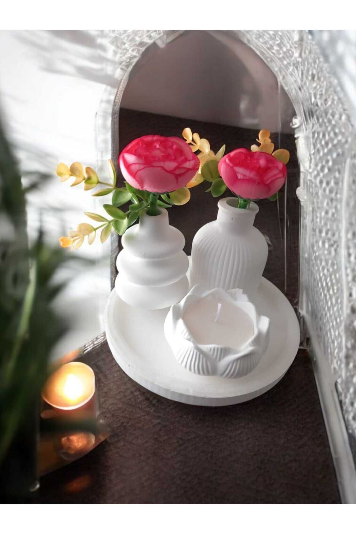 AYŞEM 2li Dekoratif Vazo,Lotus Alçı İçinde Kokulu Mum,Stantlı Hediyelik Set