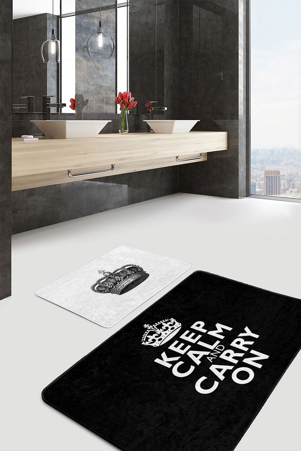 Realhomes Keep Calm And Carry On 2'li Banyo Paspas Seti & Mutfak Paspas Takımı