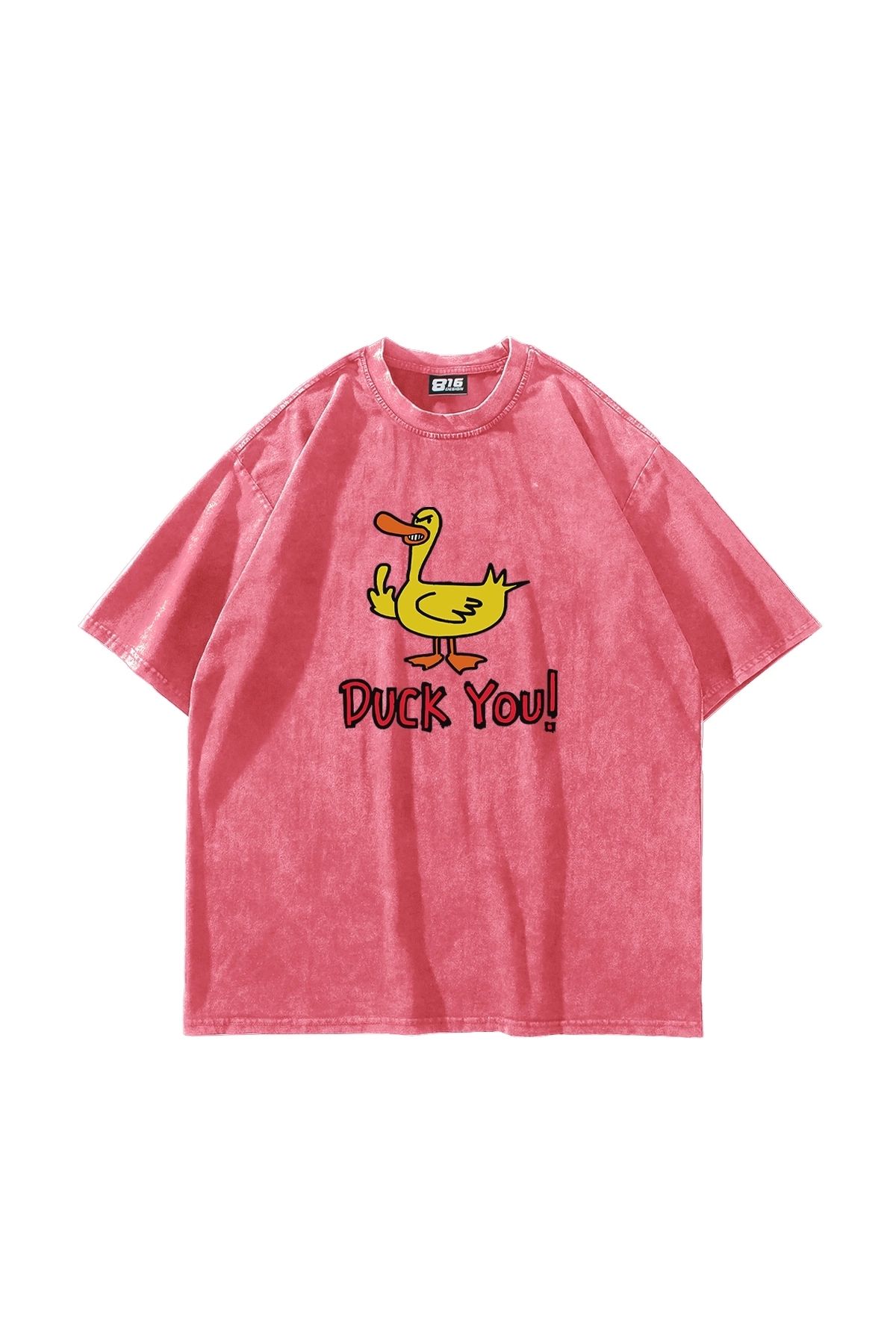 Bak Moda Duck You! Baskılı Oversize Unisex Yıkamalı Pembe Tshirt