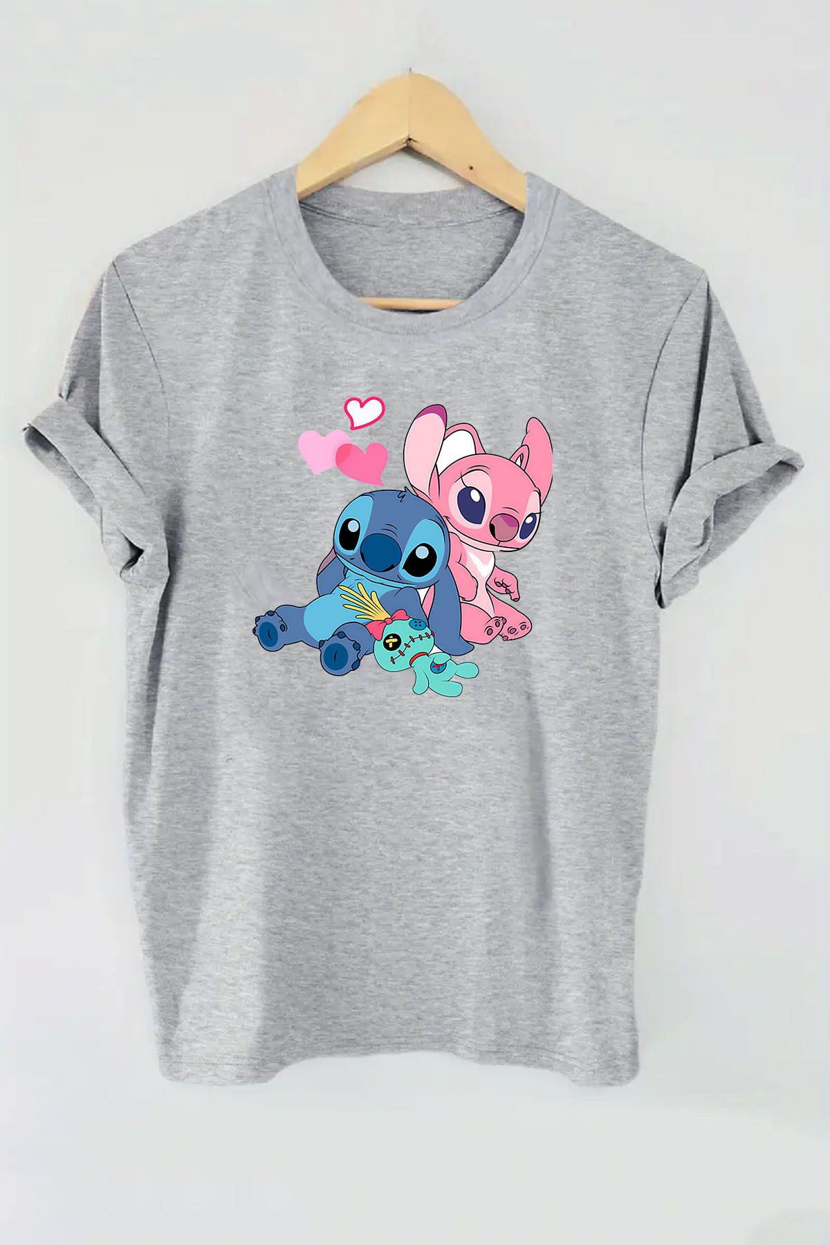 makiteks Baskılı Lilo Stitch Kadın Unisex Bisiklet Yaka Baskılı T-shirt Beyaz Siyah Gri tshirt tişört