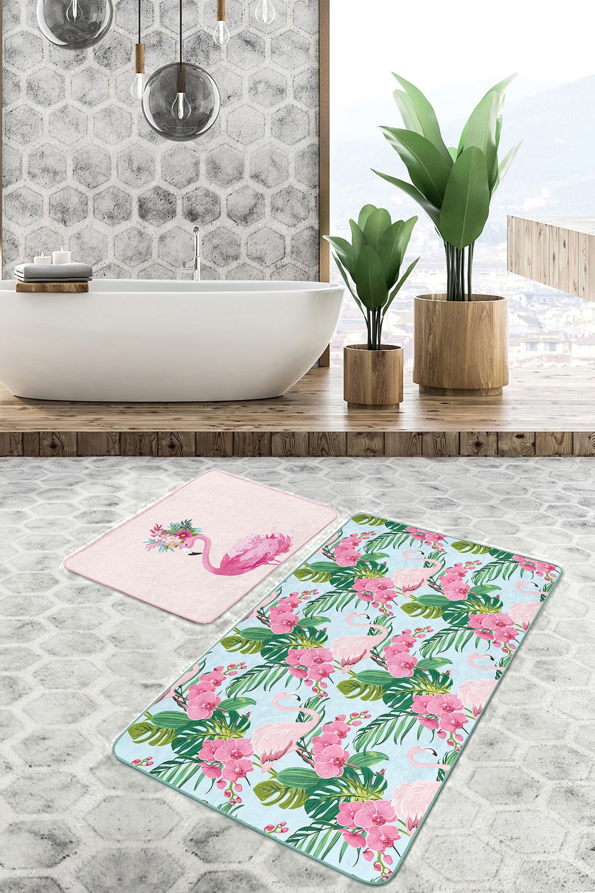 Realhomes Flamingo Motifli Renkli 2'li Banyo Paspas Takımı & Banyo Halı Seti
