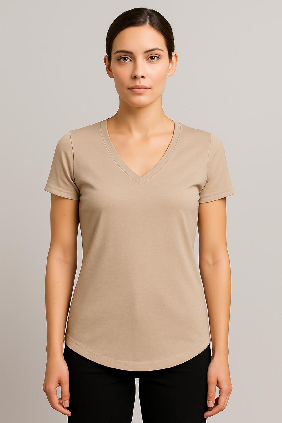 vikitekno V Yaka Dar/slim fit eteği oval Kadın Tişört