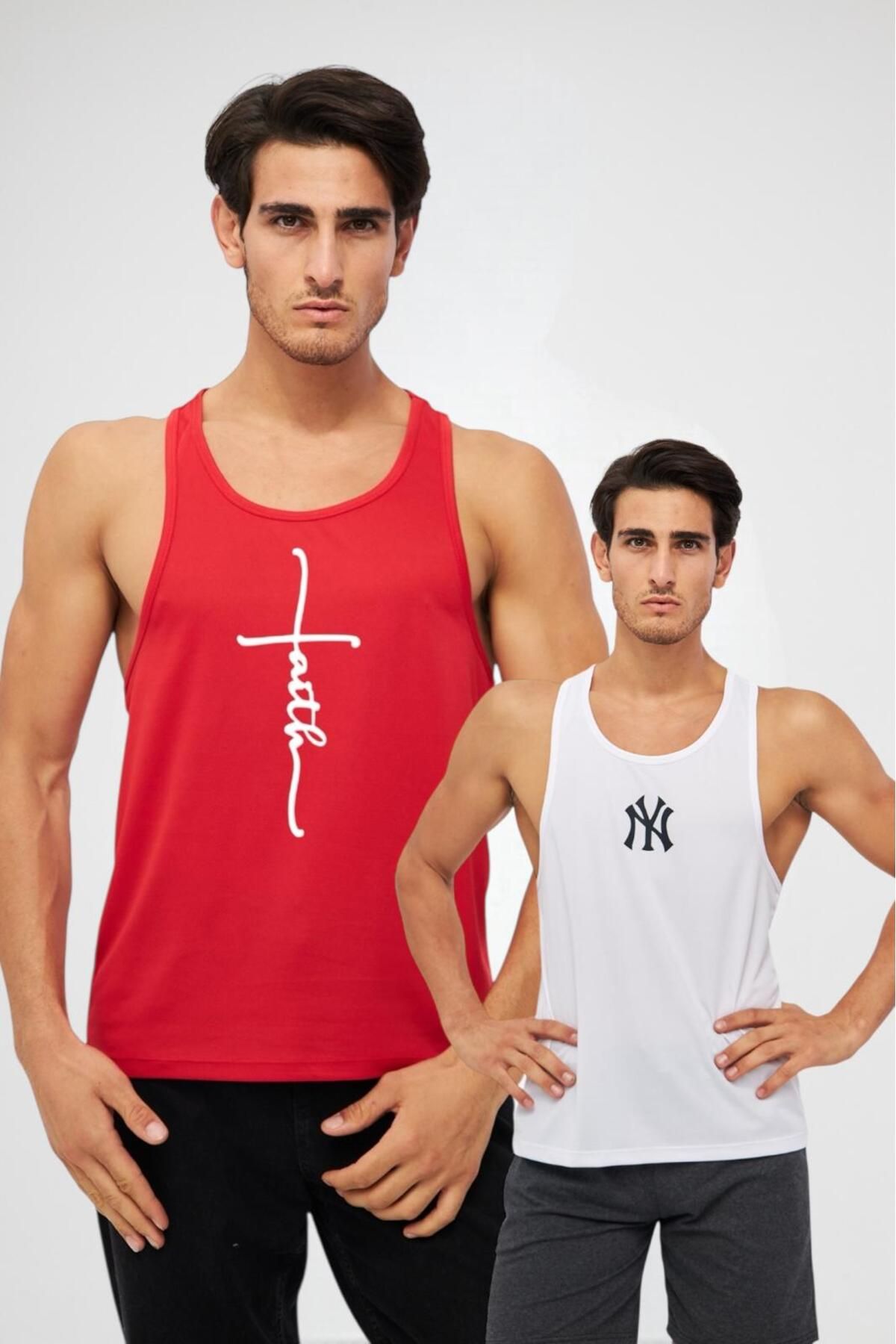 Moda Işık erkek sporcu atleti baskılı beyaz kırmızı