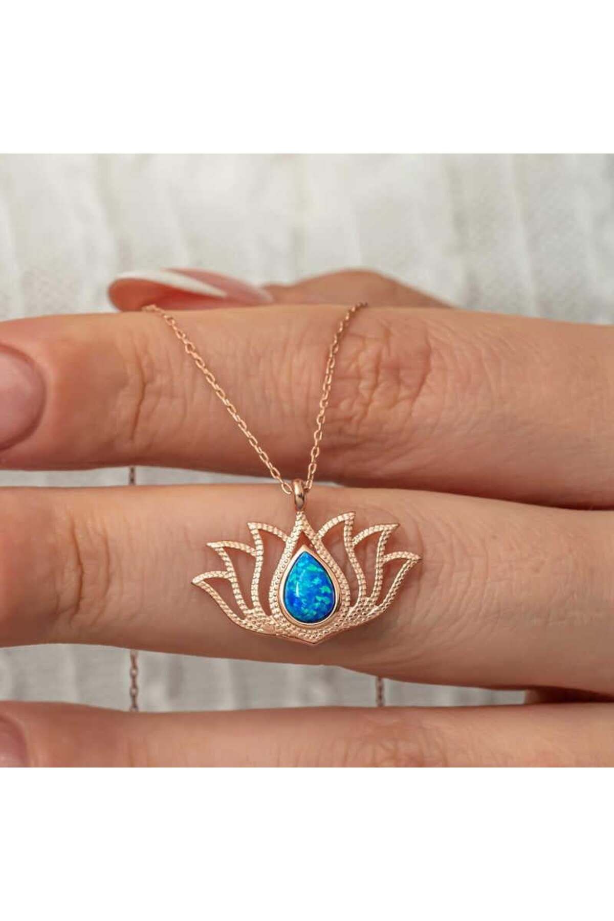 alsepeteavm Gümüş Opal Taşlı Rose Lotus Çiçeği Kolye