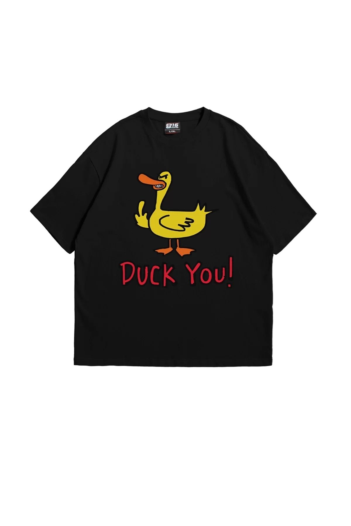 Bak Moda Duck You! Baskılı Oversize Unisex Siyah Tshirt