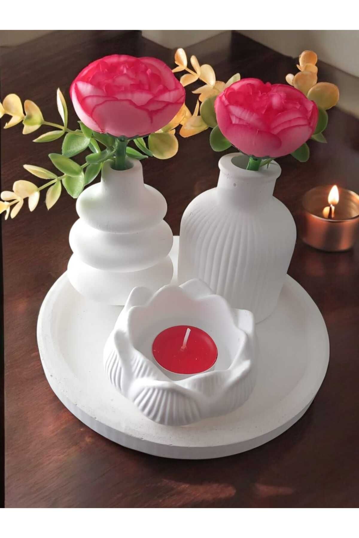 AYŞEM 2li Dekoratif Vazo,Lotus Alçı Mumluk Kase,Hediyelik Set