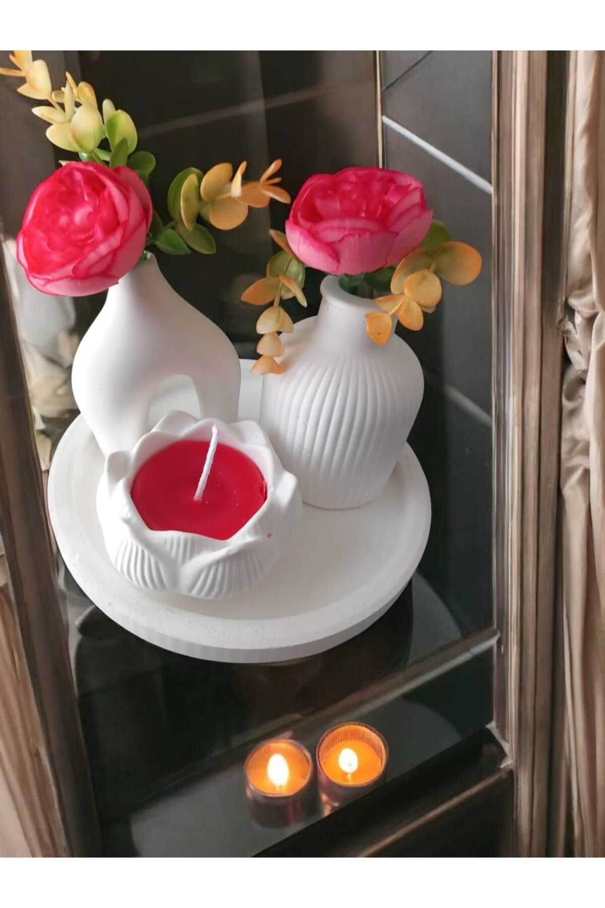 AYŞEM 2li Dekoratif Vazo,Lotus Alçıda Kırmızı Kokulu Mum Set,Stantlı,Hediyelik Set