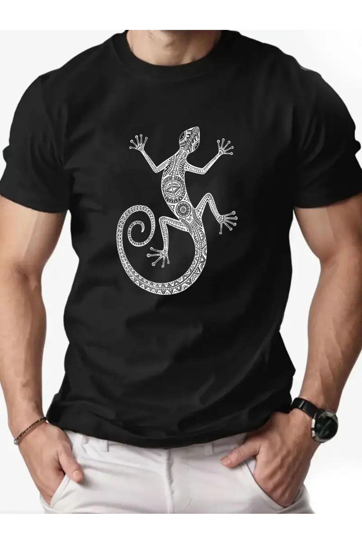 AEMİ Unisex Bukalemun Baskılı Oversize Bisiklet Yaka T-shirt