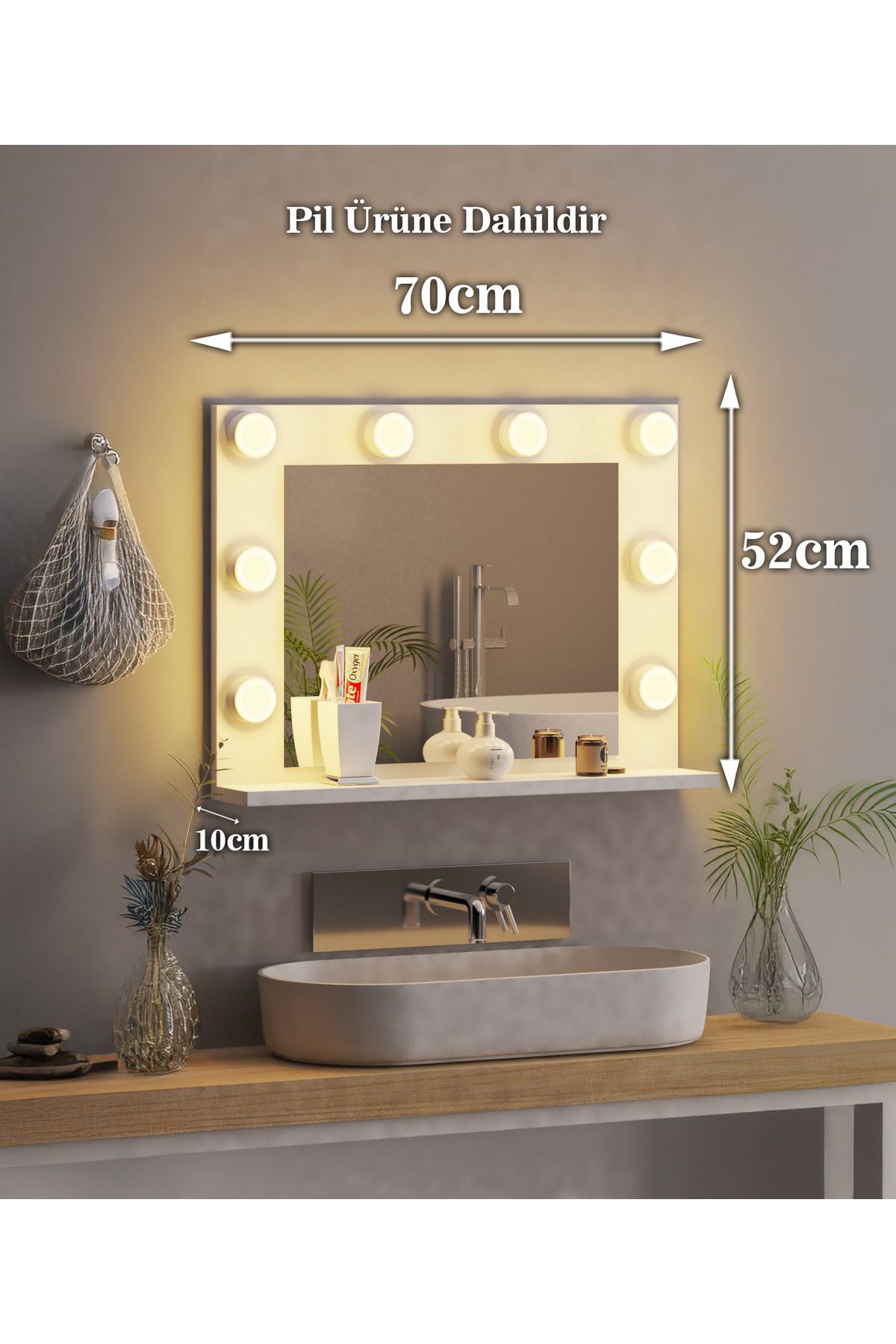 nysamo 70x52 cm Beyaz Raflı Işıklı Kumandalı Makyaj Masası Etejer Banyo Aynası Dresuar Salon Aynası
