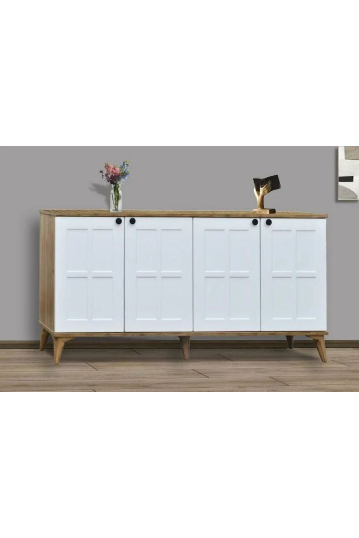 Yuvaset Home 4 Kapılı Kare Çam/Beyaz Konsol