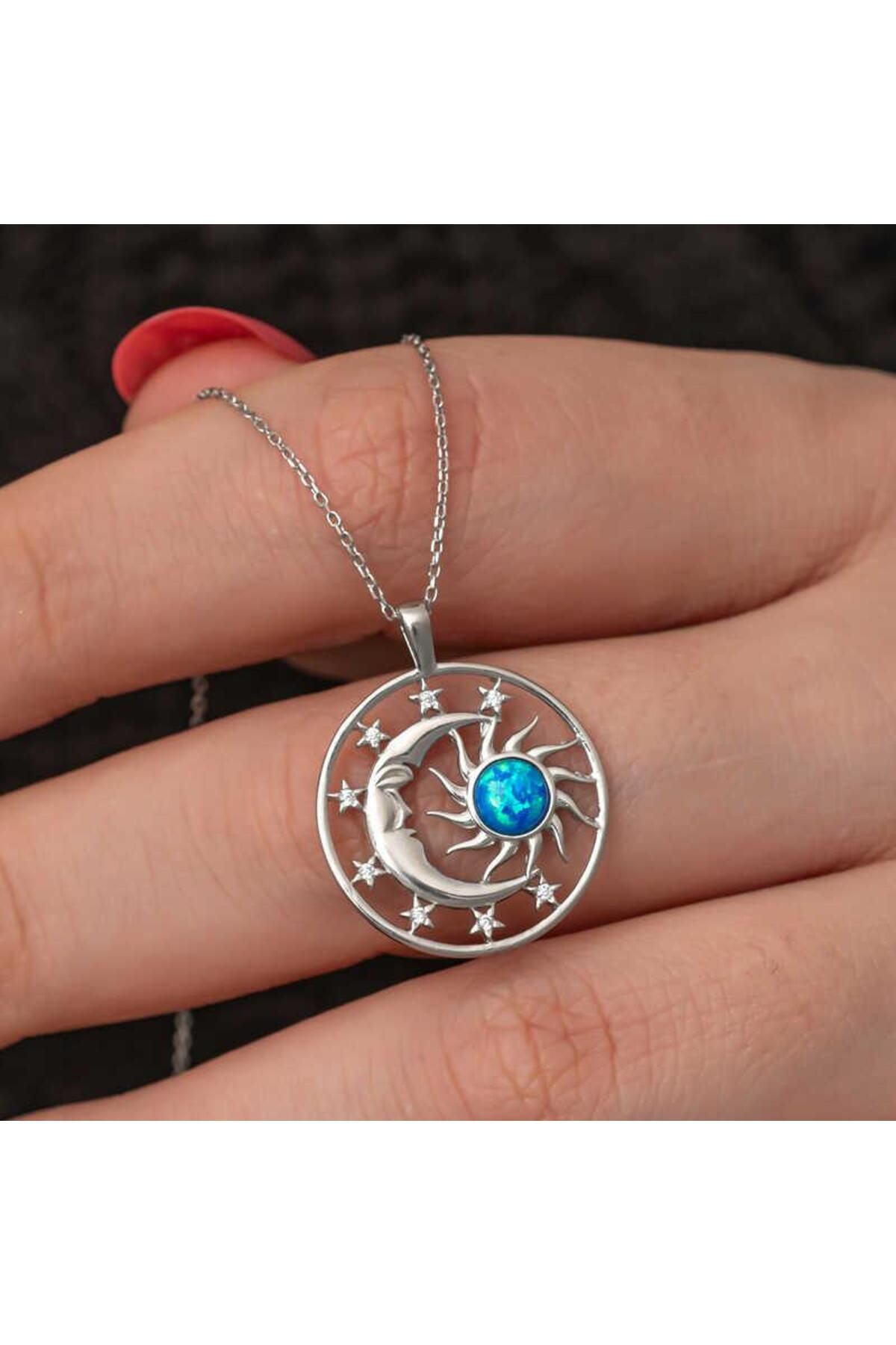 alsepeteavm Gümüş Opal Mavi Taşlı Ay Güneş Kadın Kolye
