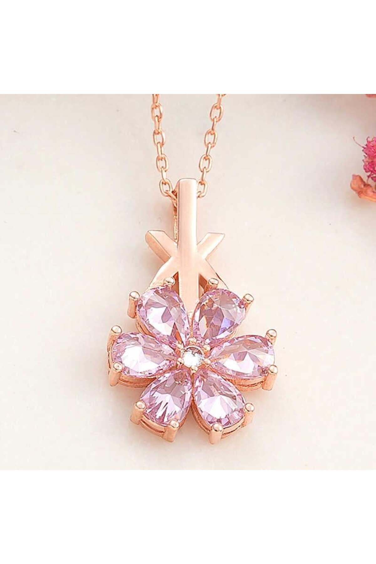 alsepeteavm Gümüş Rose Pembe Sevgi Çiçeği Kadın Kolye