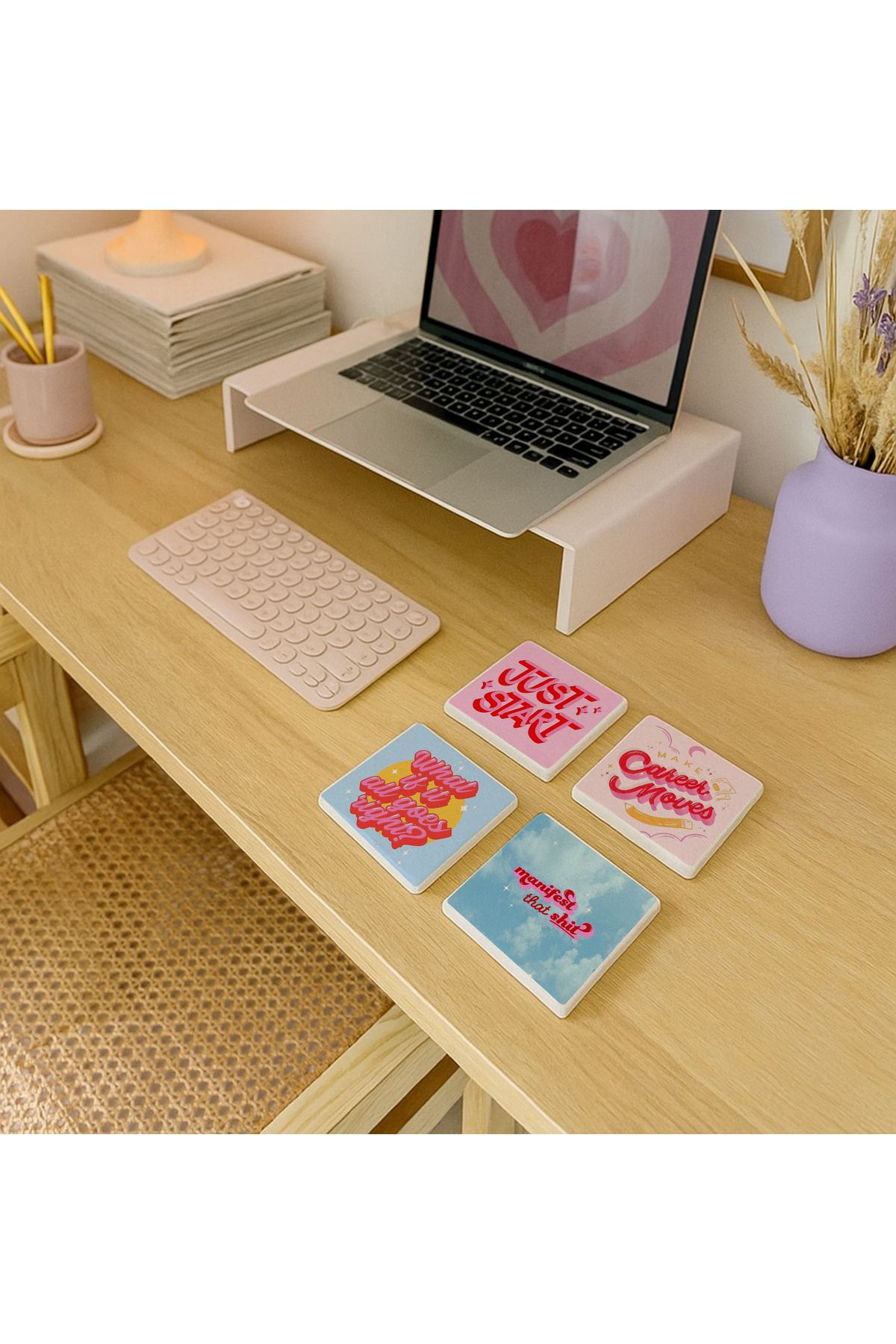 arslart Motivasyon Yazılı Bardak Altlığı 4’lü Set, Ofis Masası İçin Renkli Taşlar