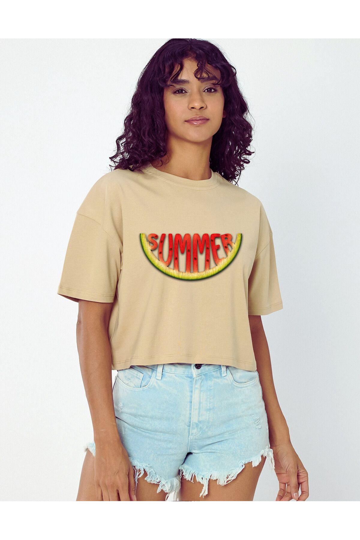 Windy Island Kadın Bisiklet Yaka Summer Karpuz Baskılı Crop T-shirt