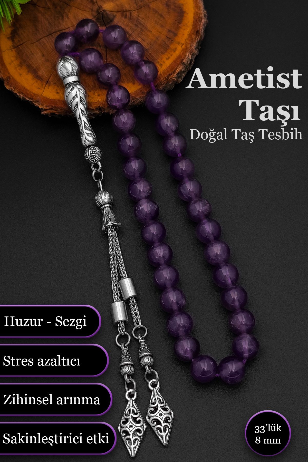 SİLVERA TELKARİ Ametist Tesbih Erkek Doğal Taş Ametist Tesbih 8 mm BT023