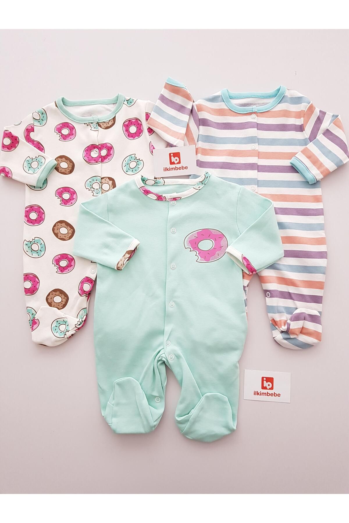 ilkimbebe Donut Desenli 3lü Bebek Tulumu