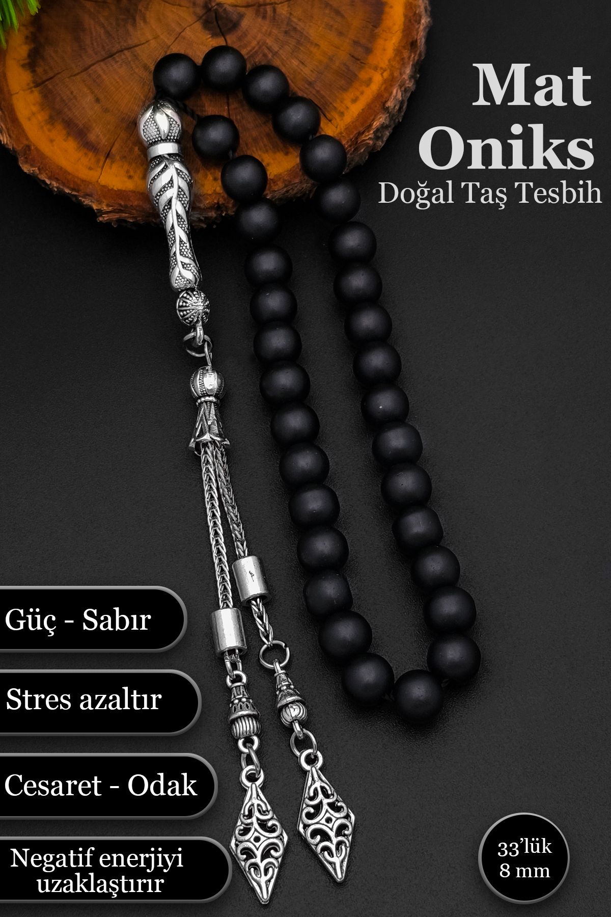 SİLVERA TELKARİ Mat Oniks Tesbih Erkek Doğal Taş Tesbih 8 mm BT056