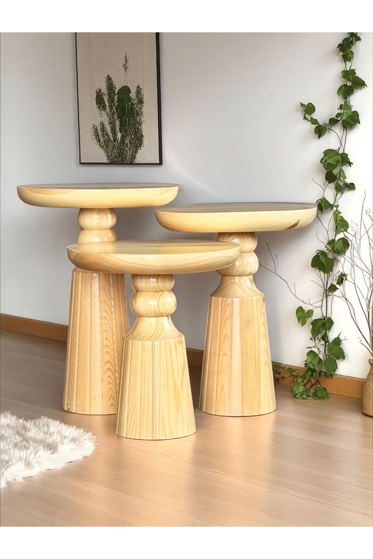 ASELYA HOME Doğal Ahşap 3’lü Set Mantar Yan Sehpa Modern Vernikli Fiskos Zigon Çiçeklik