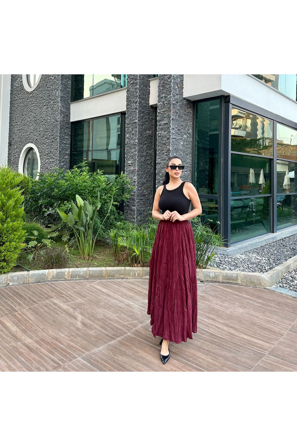 NurKaraBoutique Kırışık Bordo Maxi Etek