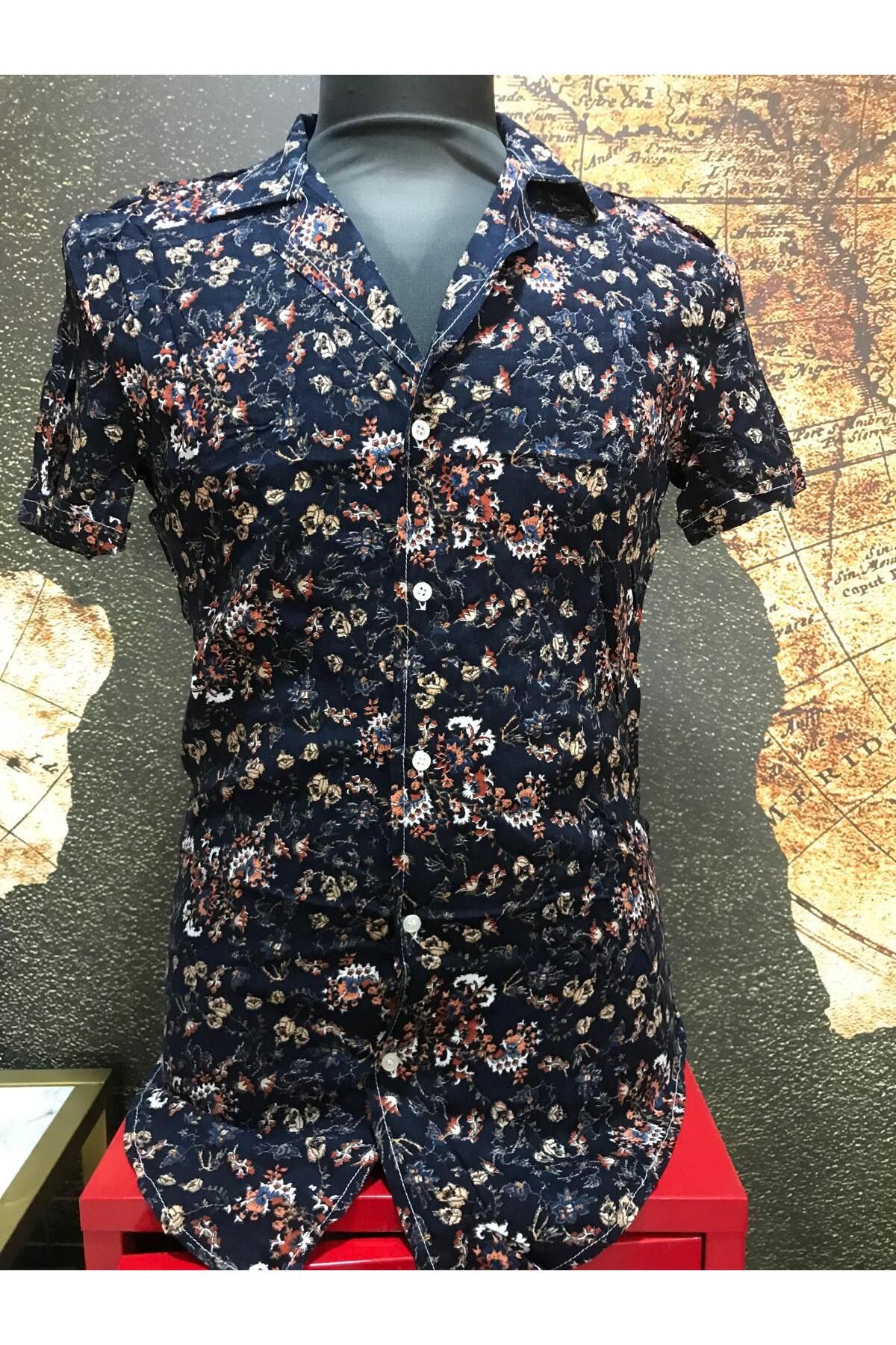 NOVELYA - Cool Regular Fit Baskılı Viskon Kısa Kollu Havaii Gömlek