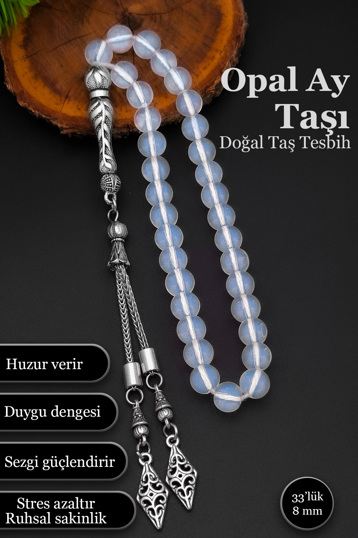 SİLVERA TELKARİ Opal Ay Taşı Tesbih Erkek Doğal Taş Tesbih 8 mm BT035