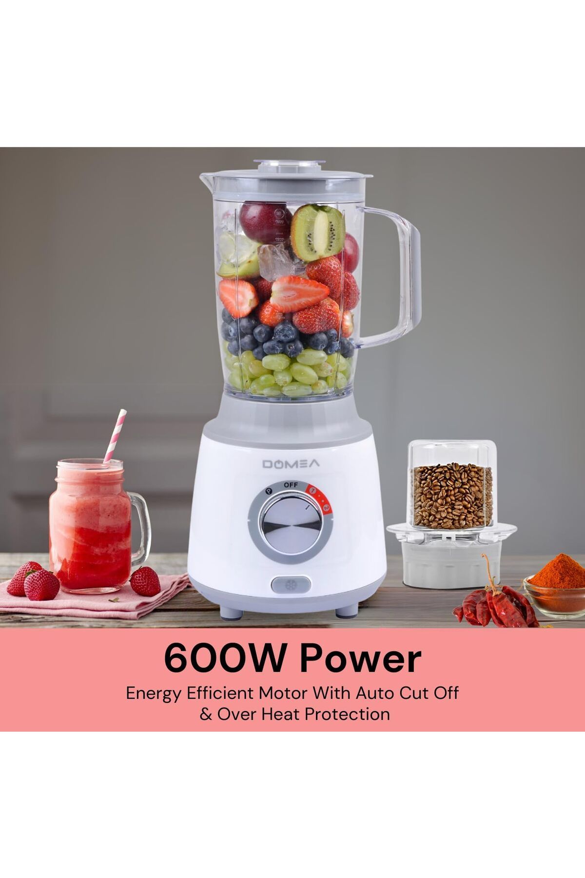 DOMEA-2-in-1 Blender & Grinder, 600W High-Speed Motor, 1.8L Juice Blender Jar + 300 ml Grinder Jar 9