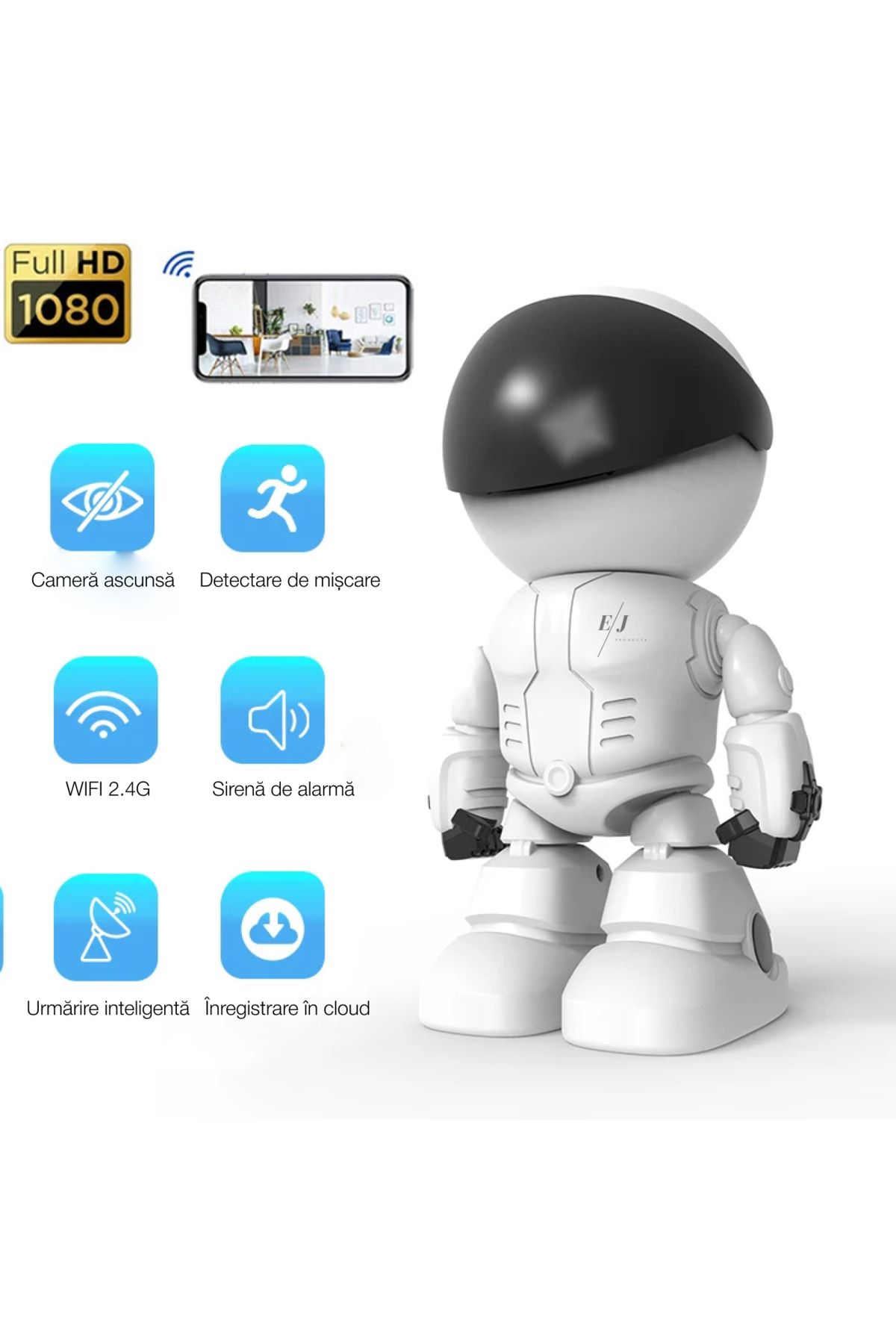 Spionescu-Monitor robot pentru bebeluși, cameră de supraveghere wireless de 2 MP, HD 1080P, senzor de mișcare, 360° 6
