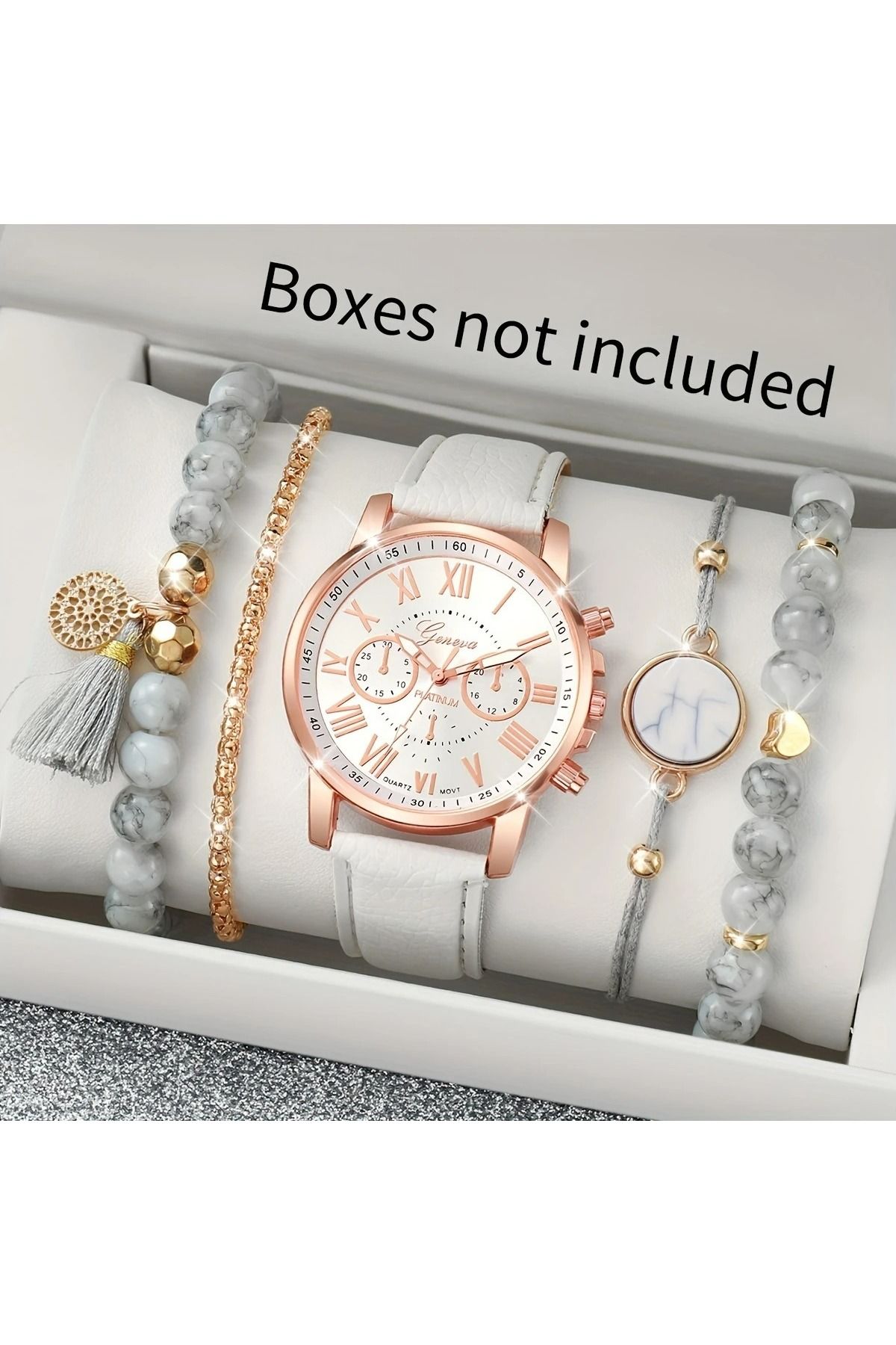 Bozhi Kadın Zarif Quartz Kol Saati ve Bileklik Seti - Rose Gold Kasa, Beyaz Deri Kordon