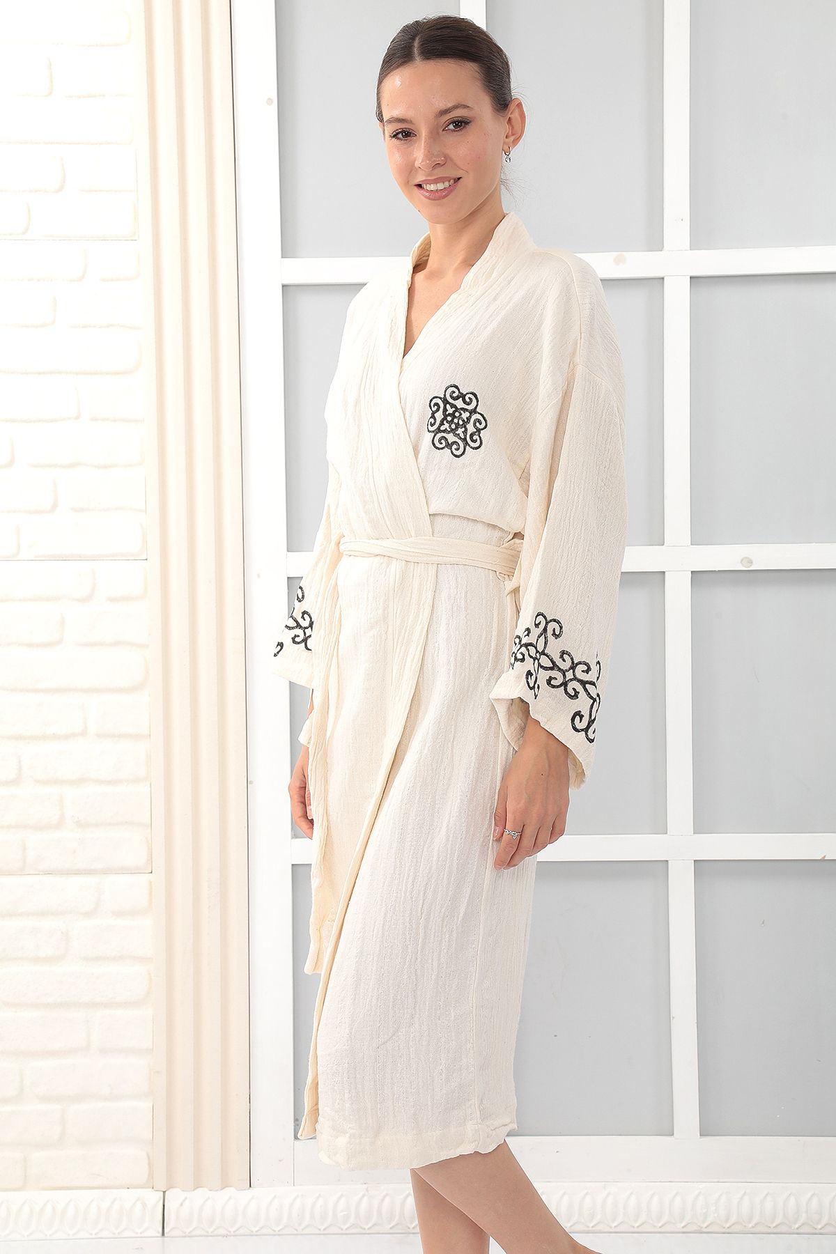 Almir Home %100 Pamuklu Müslin Kimono Yeni Nesil Bornoz Kaftan Sabahlık - El Baskılı