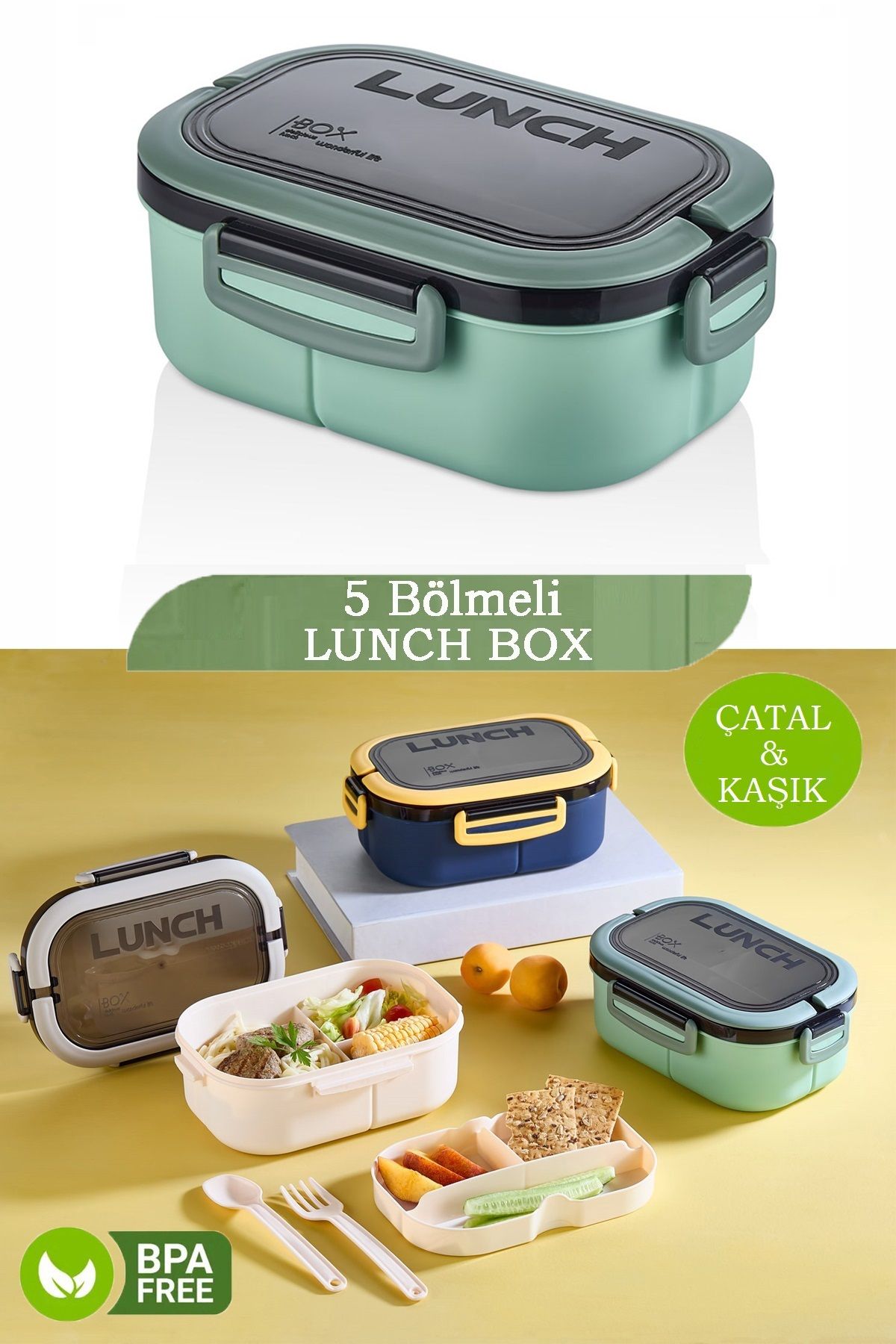 M&L LUNCH BOX 5 Bölmeli Taşınabilir Yemek Kabı Lunch Box Diyet Beslenme Kutusu Saklama Kabı Çatal Kaşık Sefer Tası